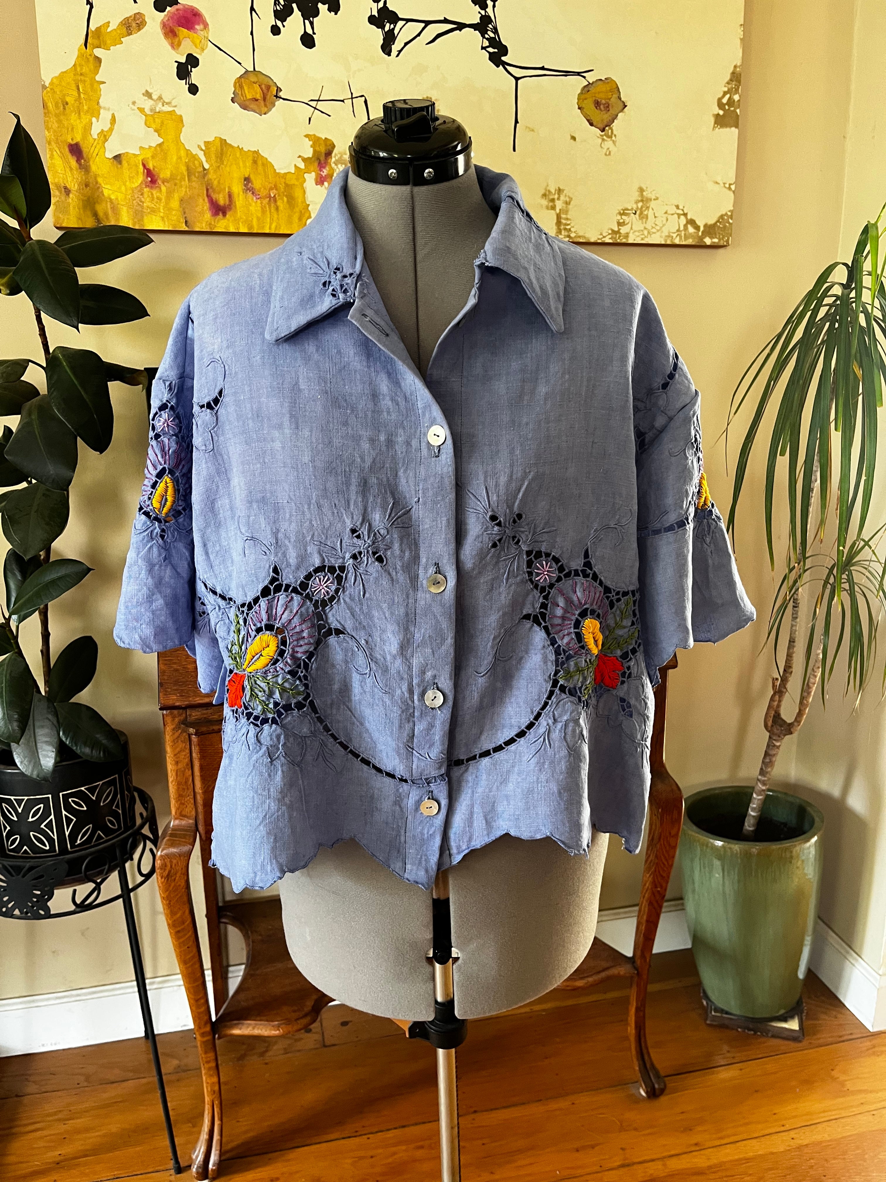 Short Sleeve Embroidered Blue Linen Shirt