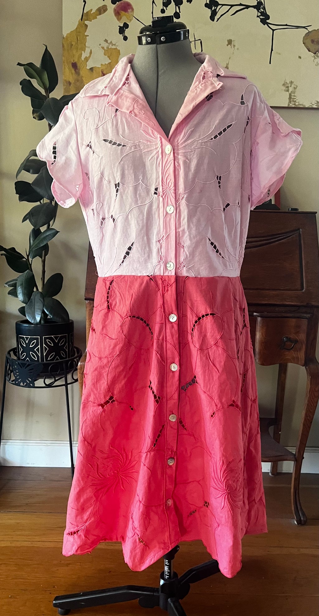 Handmade Two-Tone Pink Dress — Cutwork & Embroidery, Petal Sleeves, Button Down
