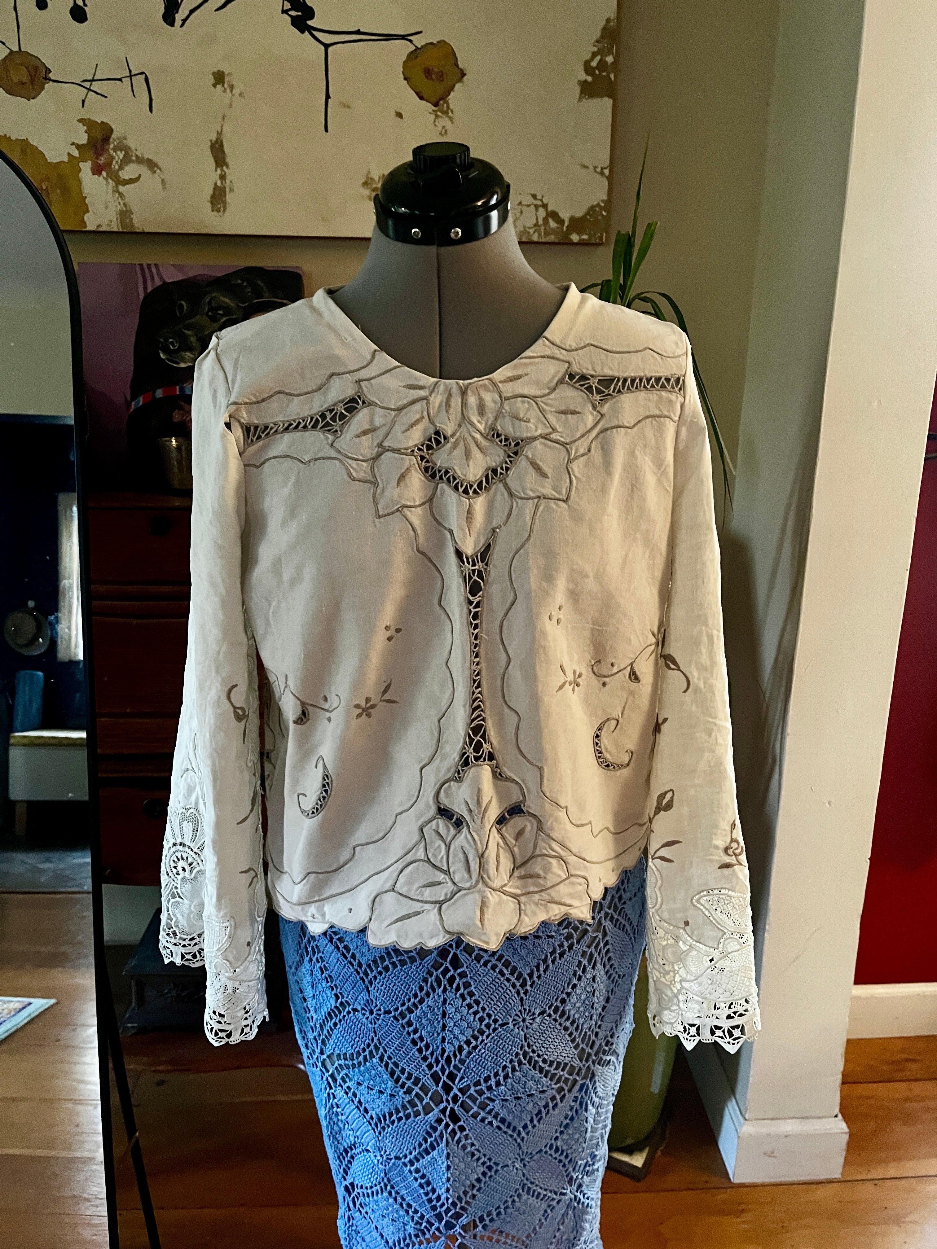 Handmade Long Sleeve Lace & Embroidered Blouse — Upcycled, Floral Detail