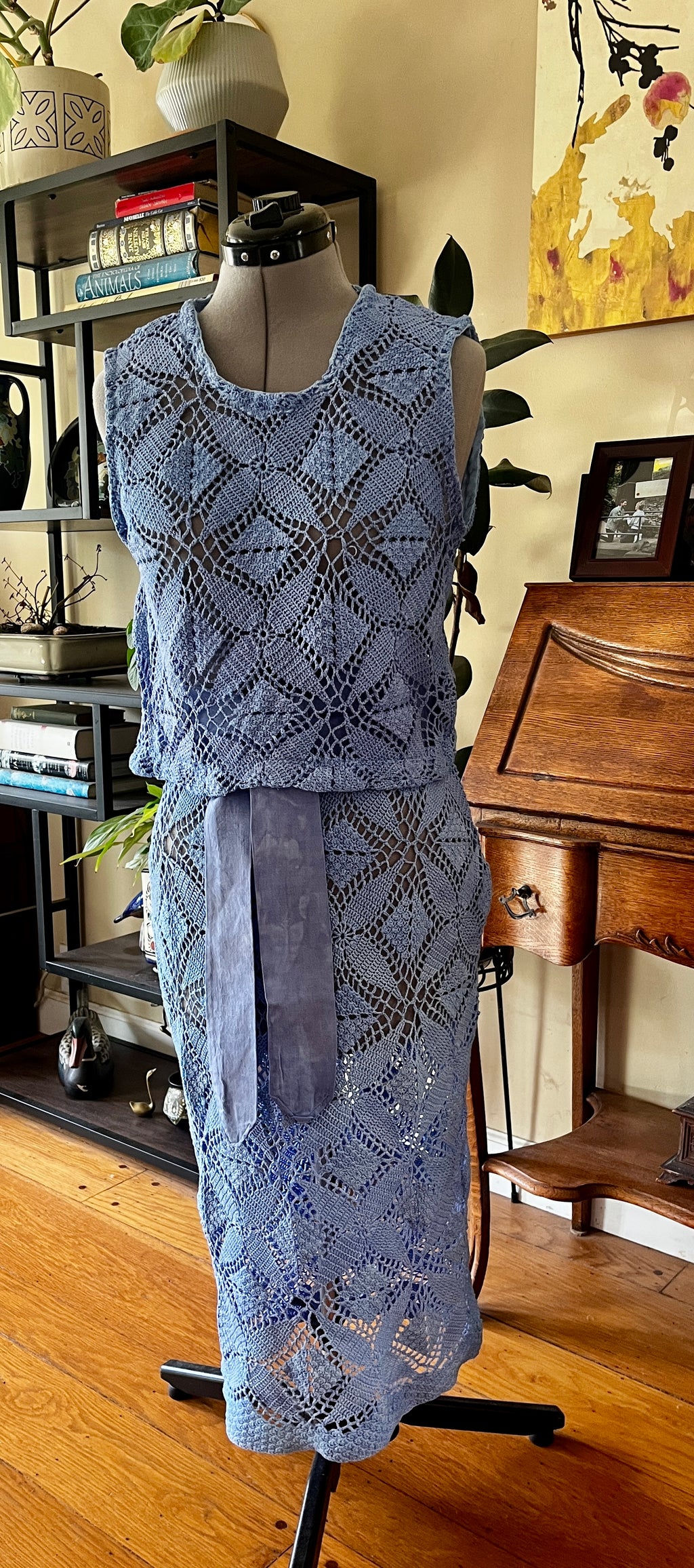 Handmade Blue Crochet Two-Piece Set — Crop Top, Midi Skirt & Matching Belt, Upcycled Cotton