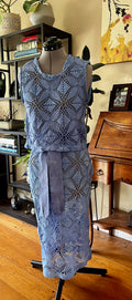 Handmade Blue Crochet Two-Piece Set — Crop Top, Midi Skirt & Matching Belt, Upcycled Cotton
