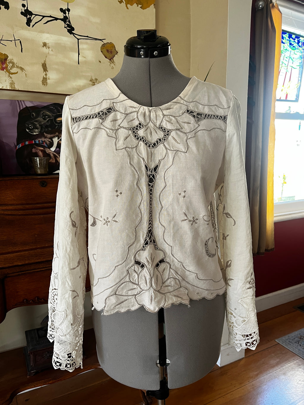 Handmade Long Sleeve Lace & Embroidered Blouse — Upcycled, Floral Detail