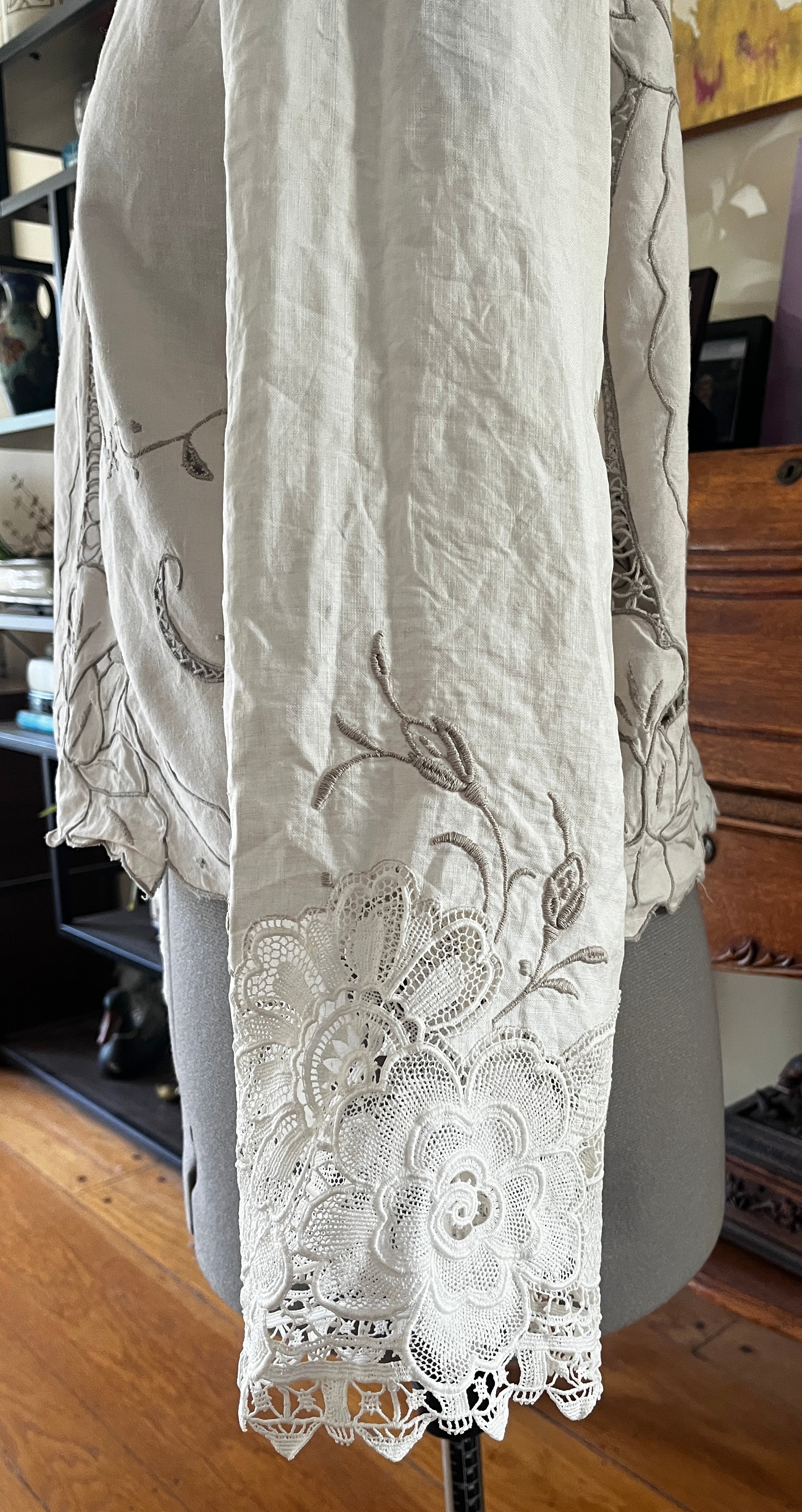 Handmade Long Sleeve Lace & Embroidered Blouse — Upcycled, Floral Detail