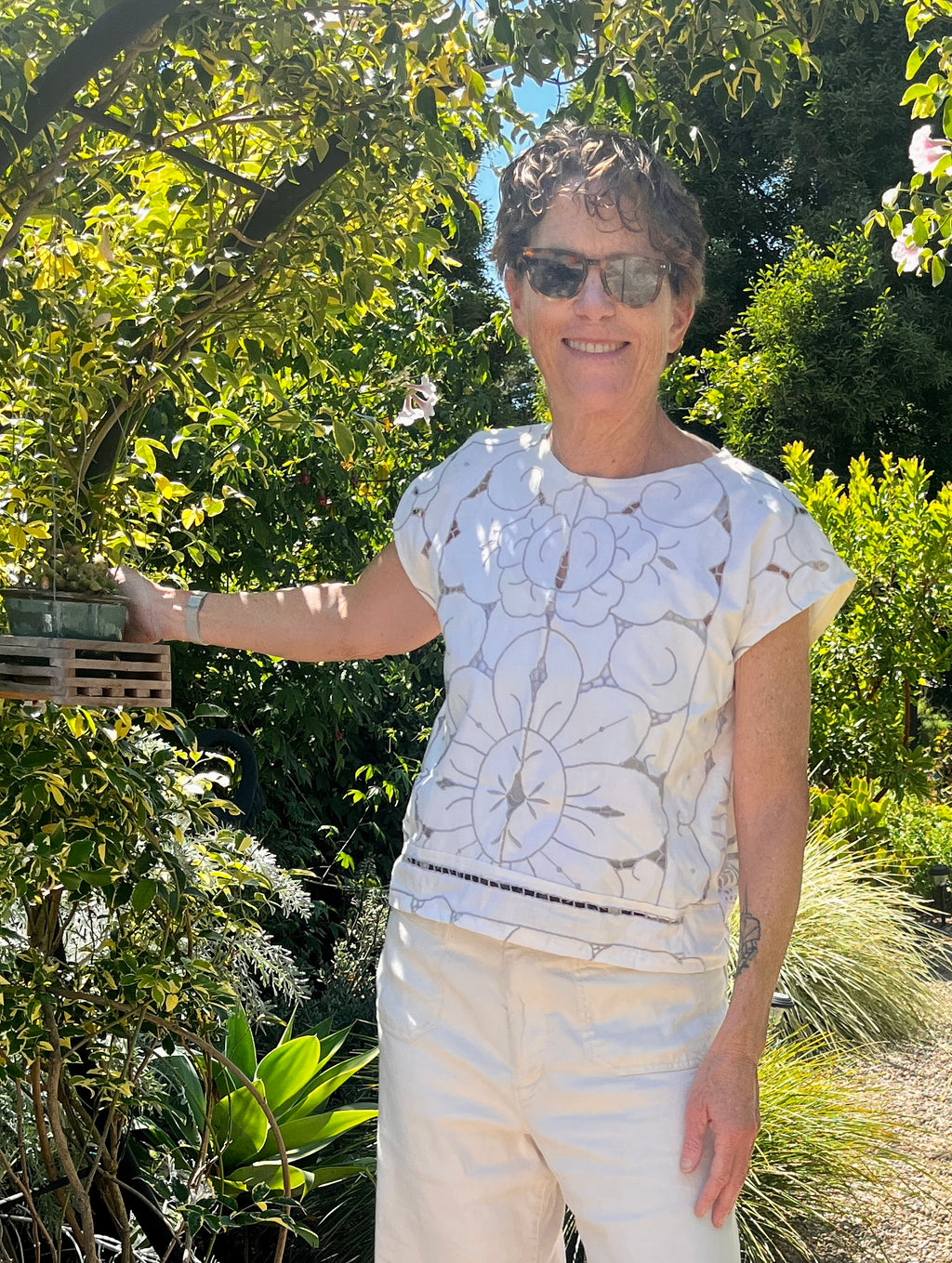 Handmade Short Sleeve Embroidered Shirt — Upcycled Vintage Cotton Tablecloth
