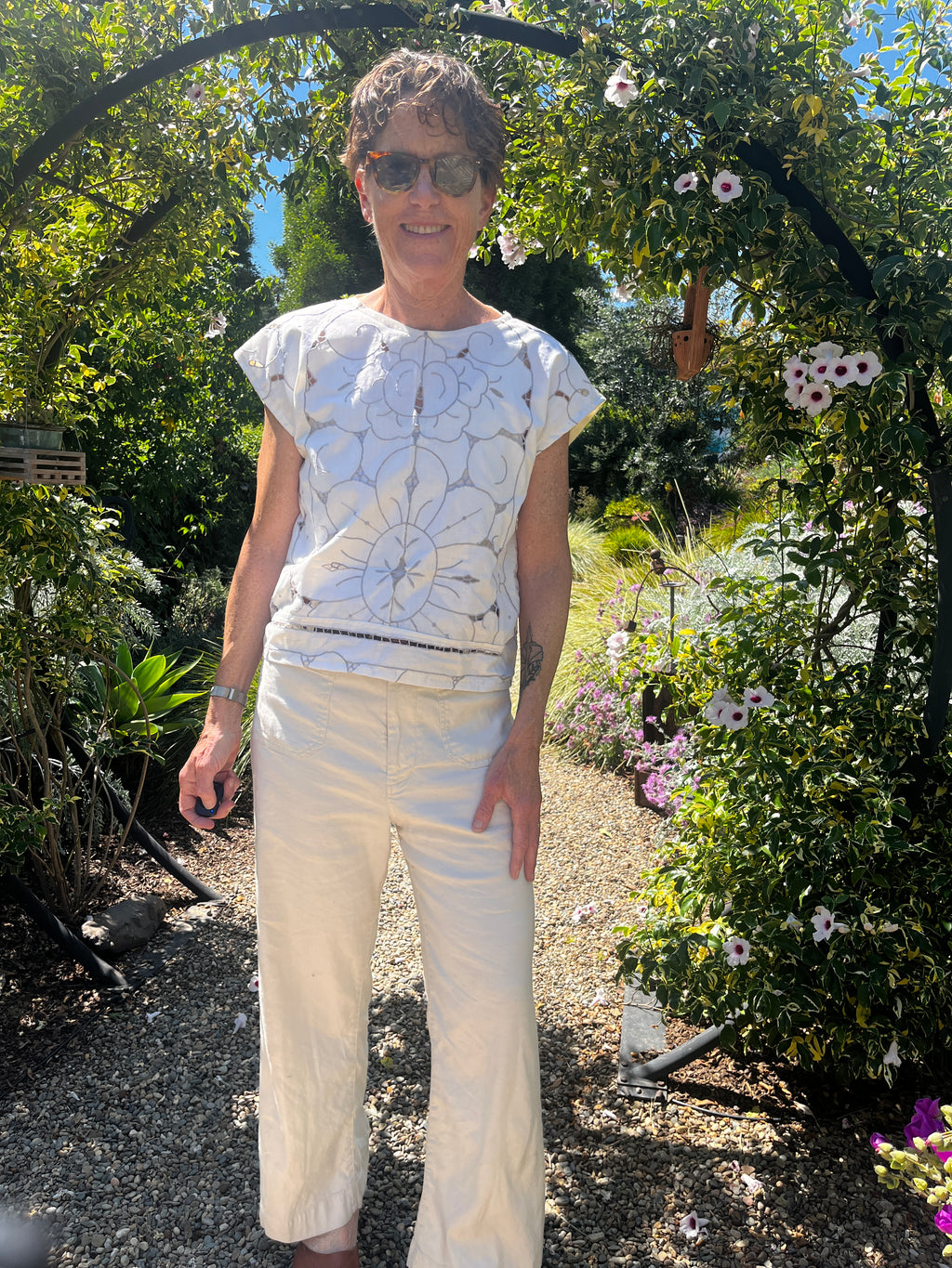 Handmade Short Sleeve Embroidered Shirt — Upcycled Vintage Cotton Tablecloth