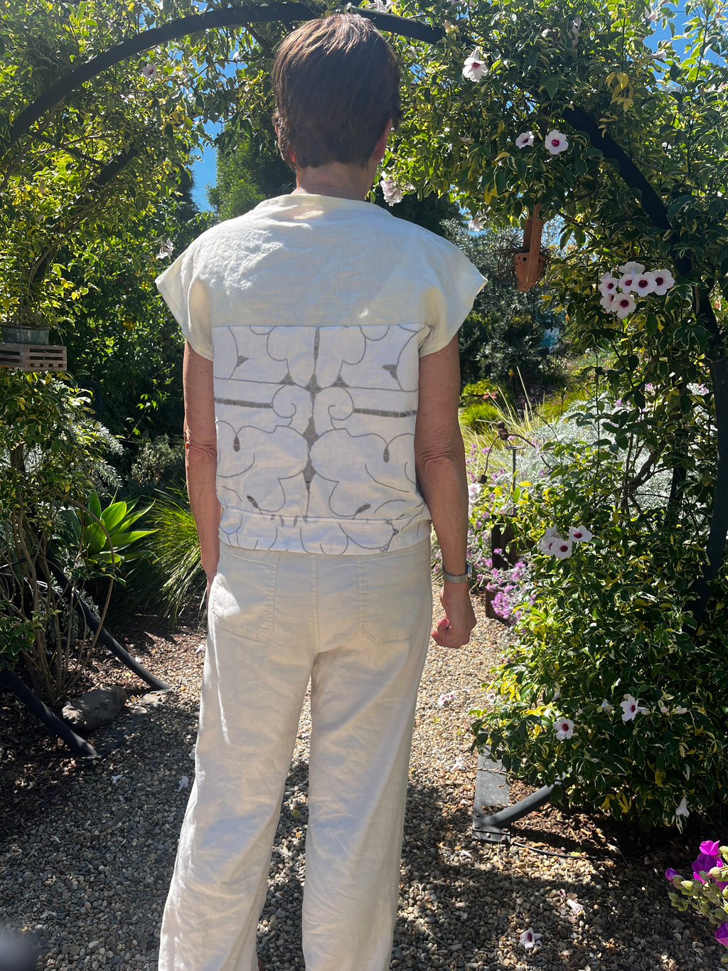 Handmade Short Sleeve Embroidered Shirt — Upcycled Vintage Cotton Tablecloth