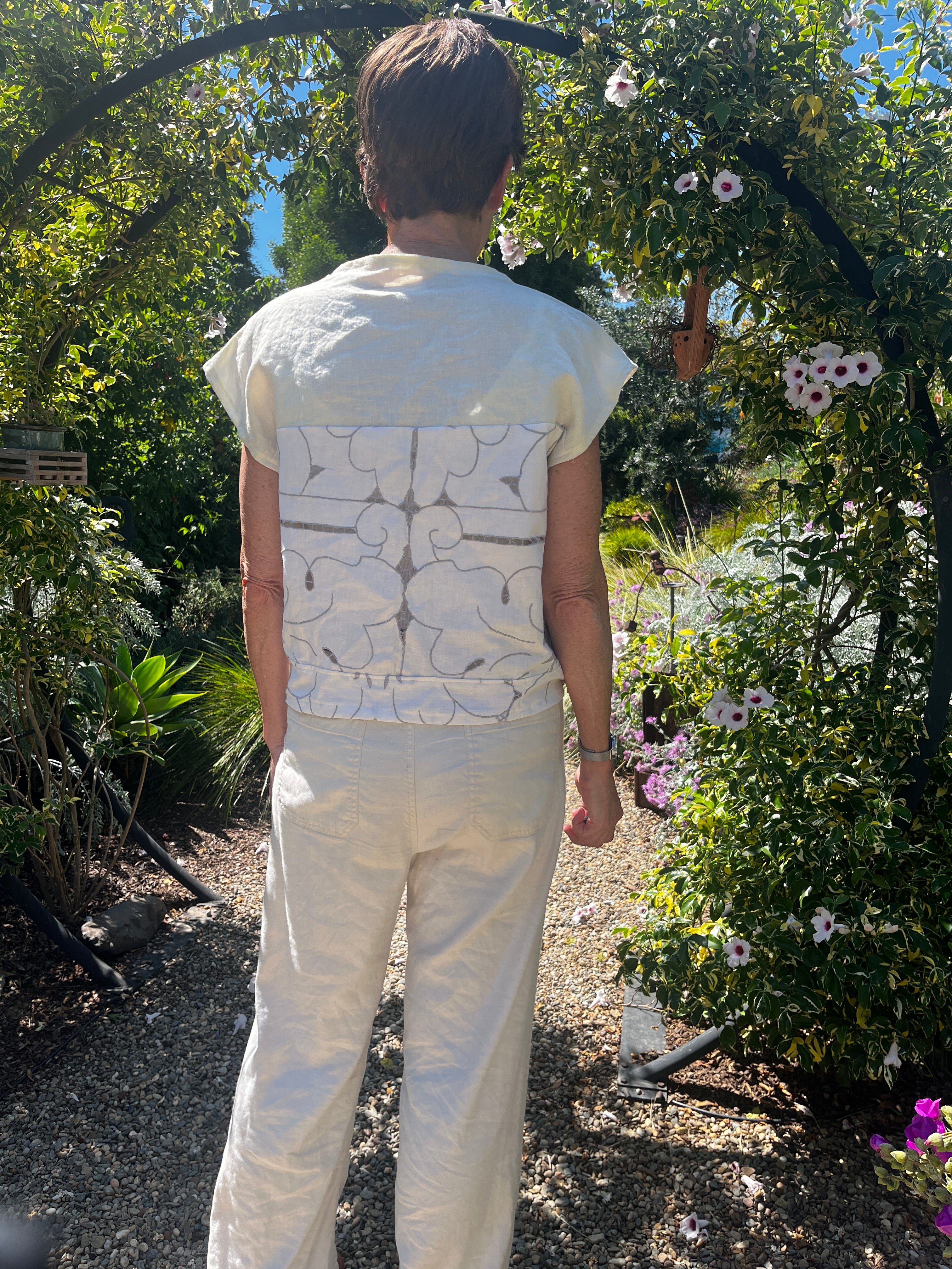 Handmade Short Sleeve Embroidered Shirt — Upcycled Vintage Cotton Tablecloth