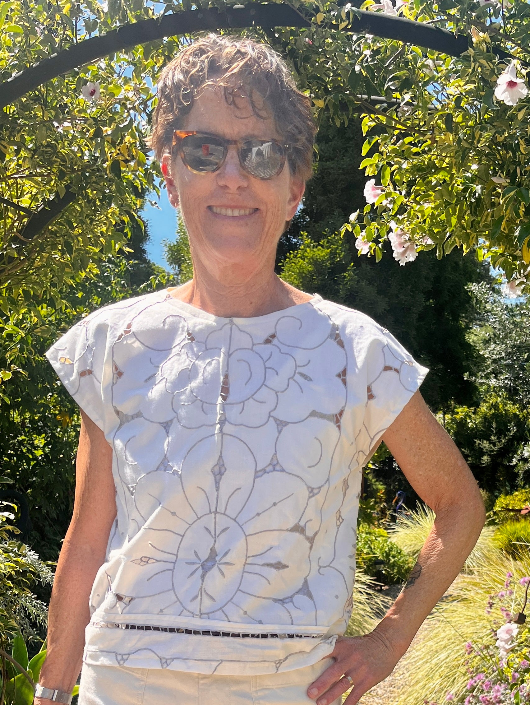 Handmade Short Sleeve Embroidered Shirt — Upcycled Vintage Cotton Tablecloth