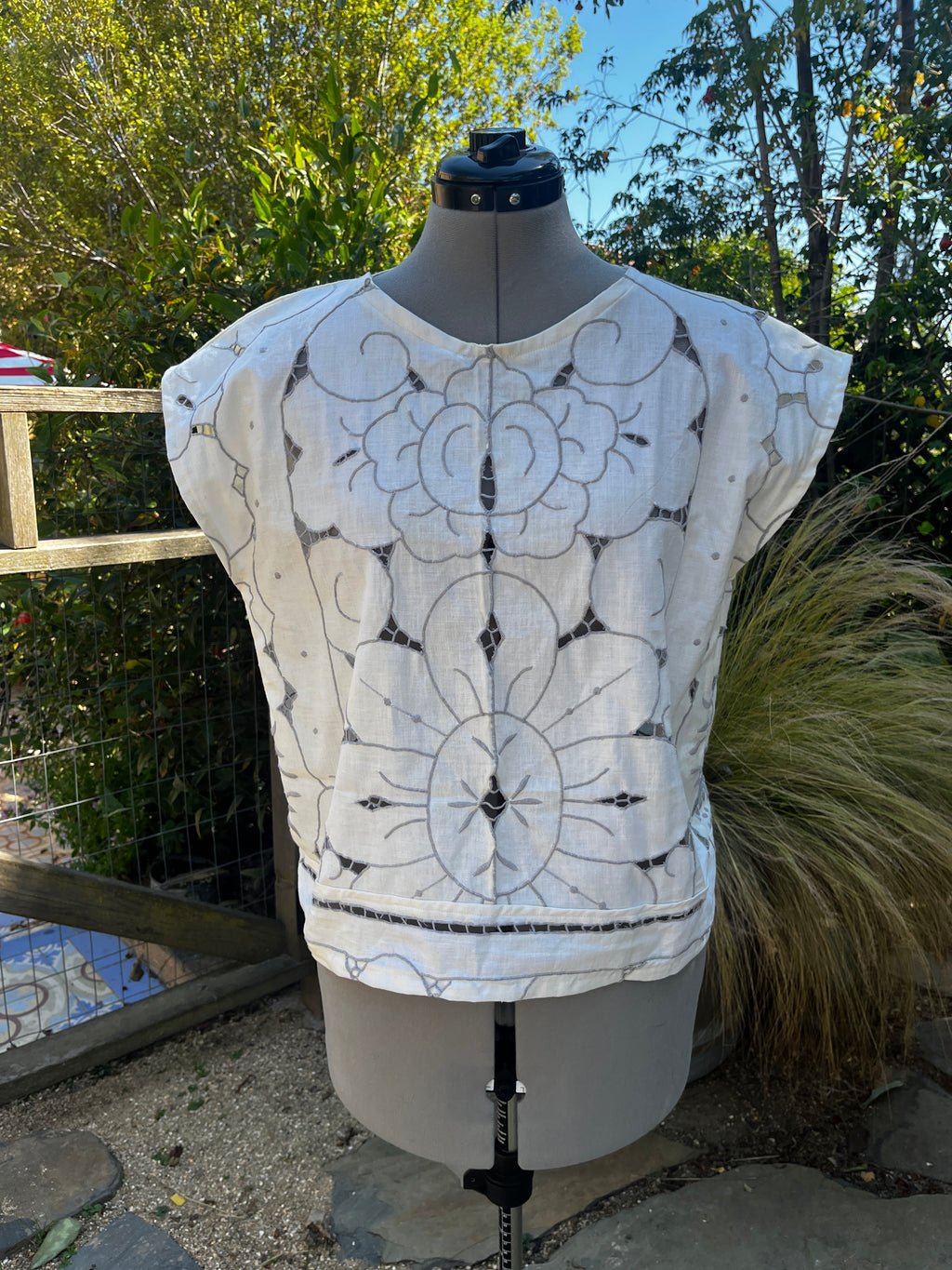 Handmade Short Sleeve Embroidered Shirt — Upcycled Vintage Cotton Tablecloth