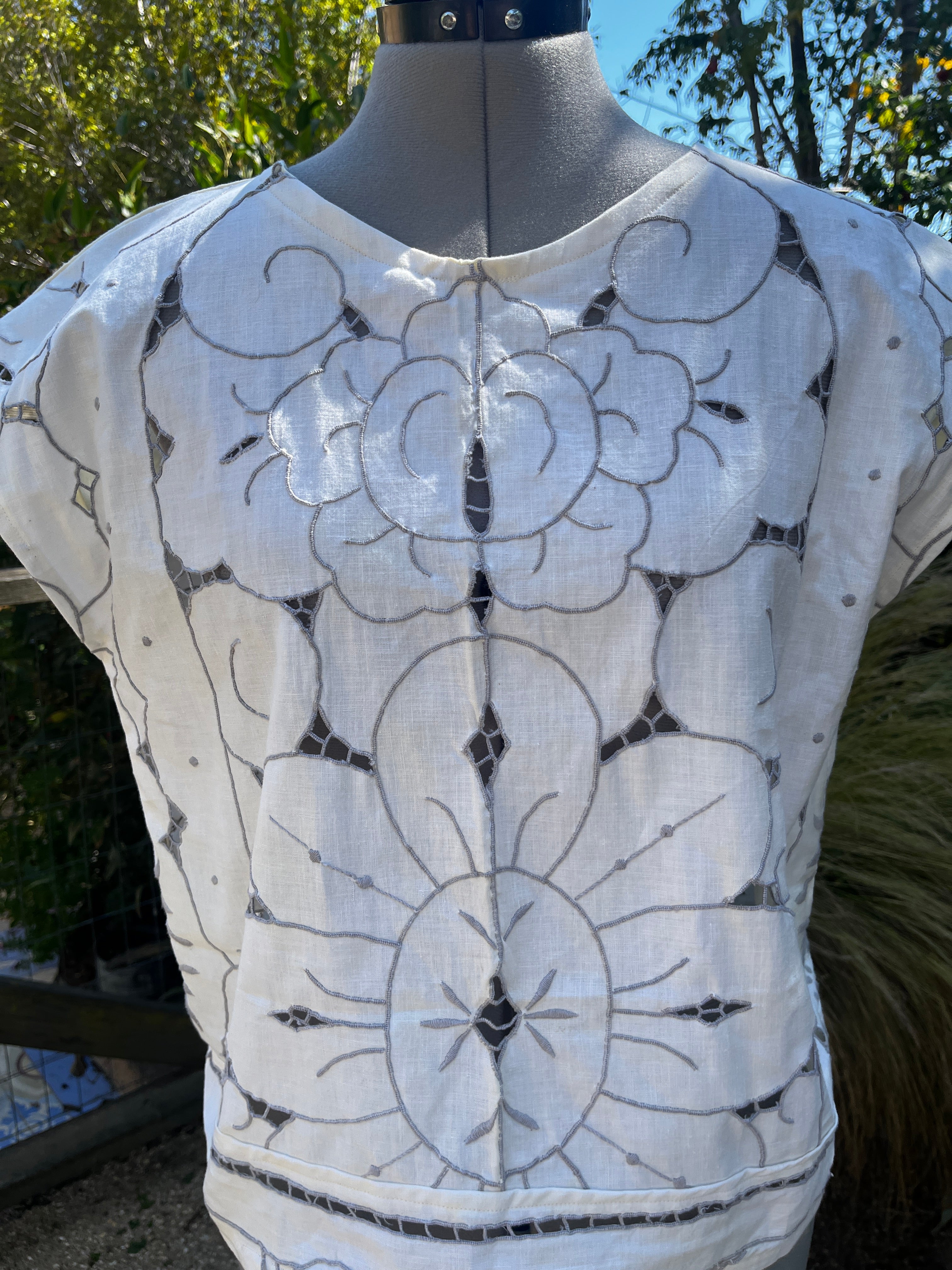 Handmade Short Sleeve Embroidered Shirt — Upcycled Vintage Cotton Tablecloth