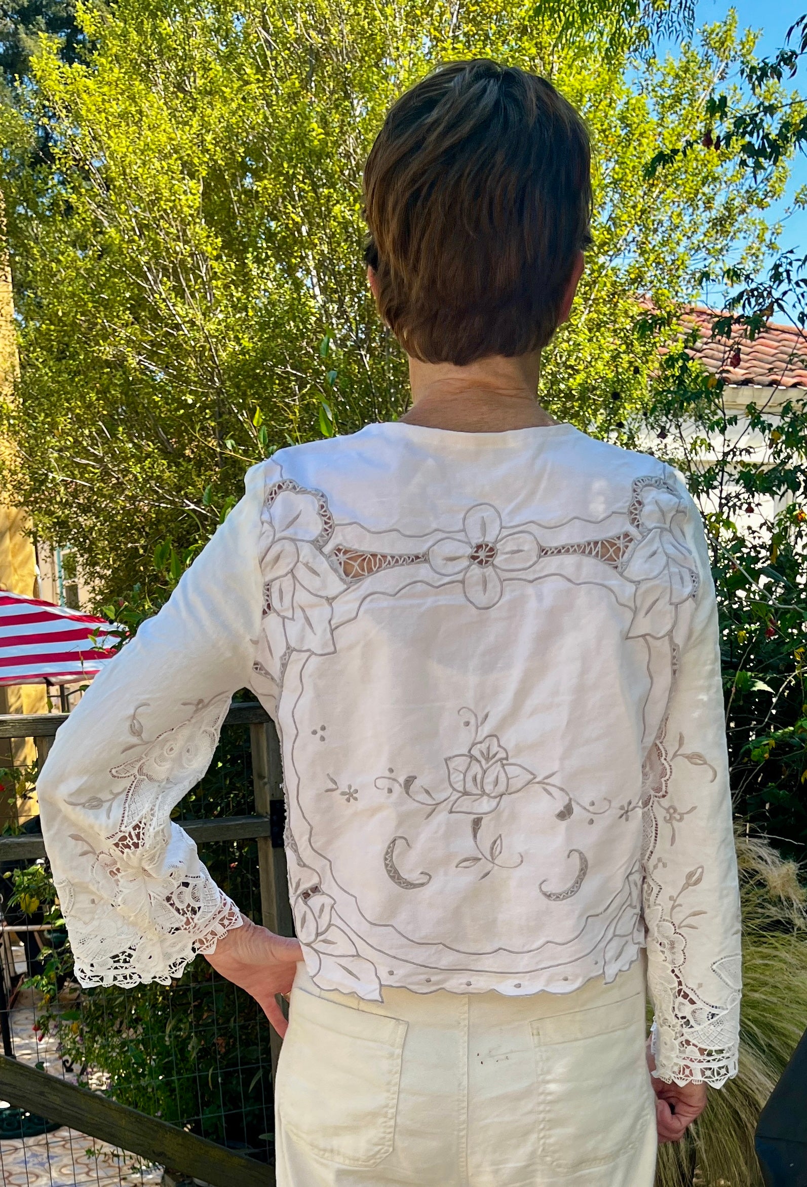 Handmade Long Sleeve Lace & Embroidered Blouse — Upcycled, Floral Detail