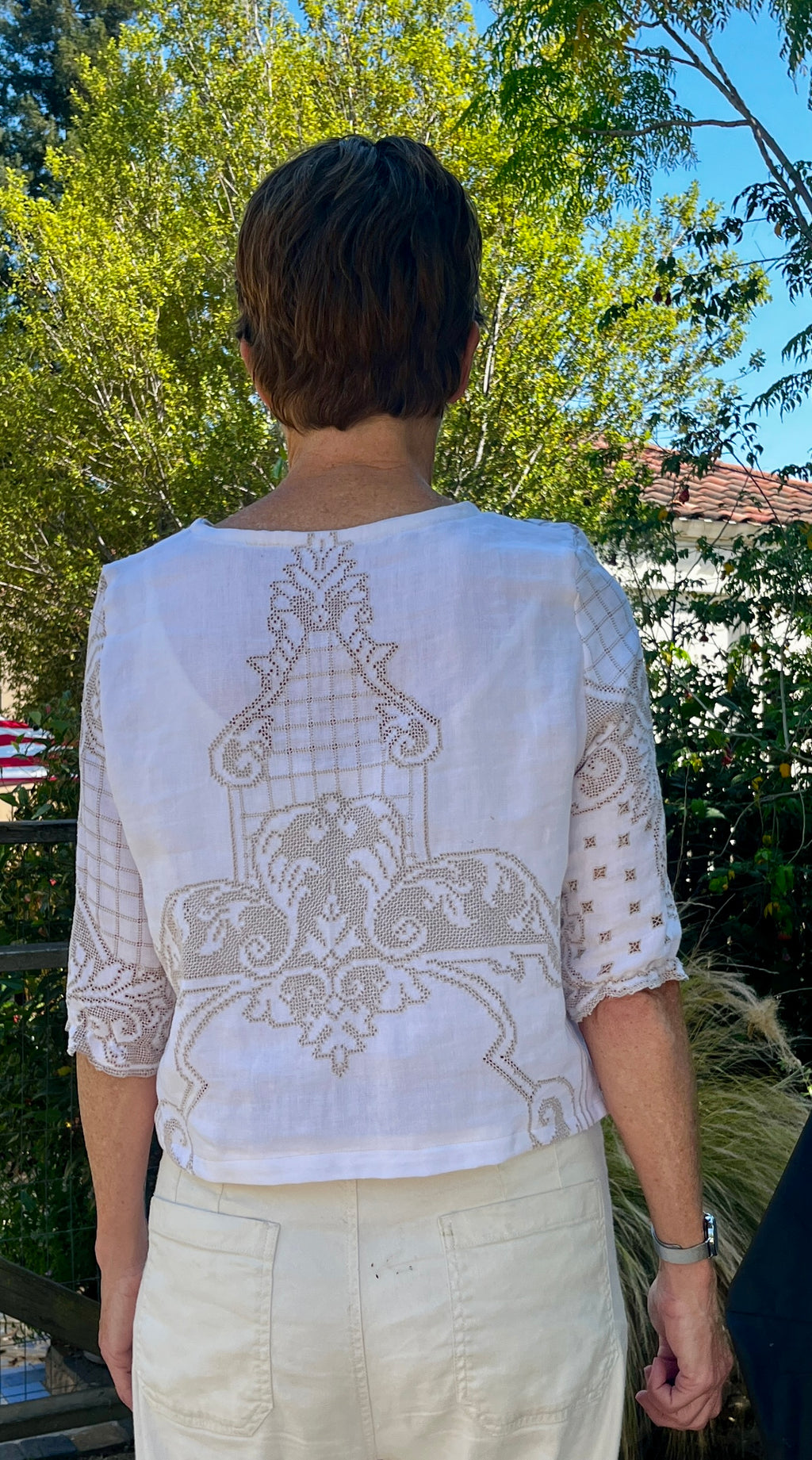 Handmade Elbow-Length Embroidered Blouse — Upcycled Linen Tablecloths