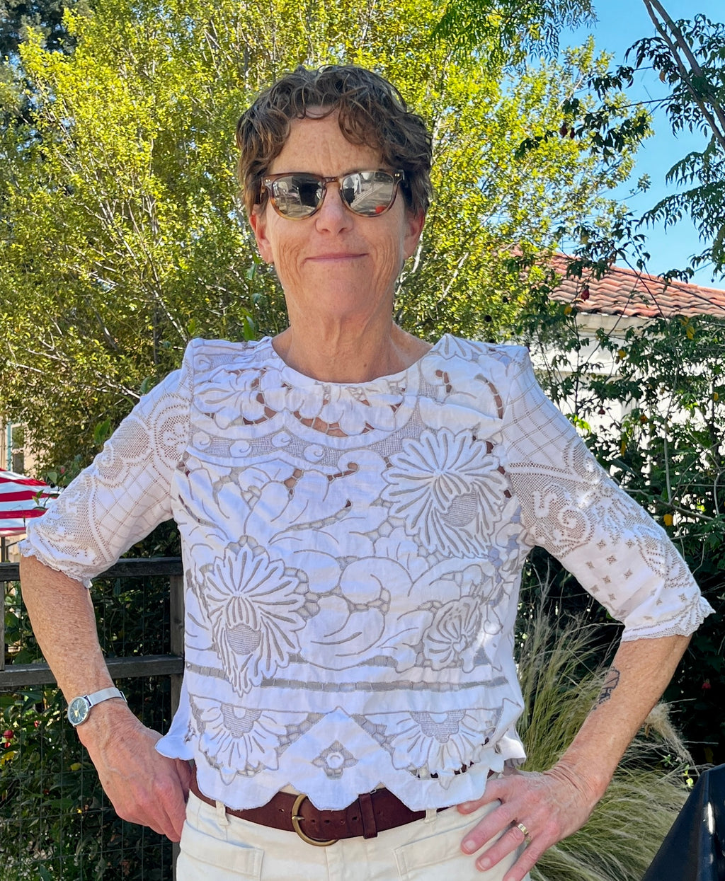 Handmade Elbow-Length Embroidered Blouse — Upcycled Linen Tablecloths