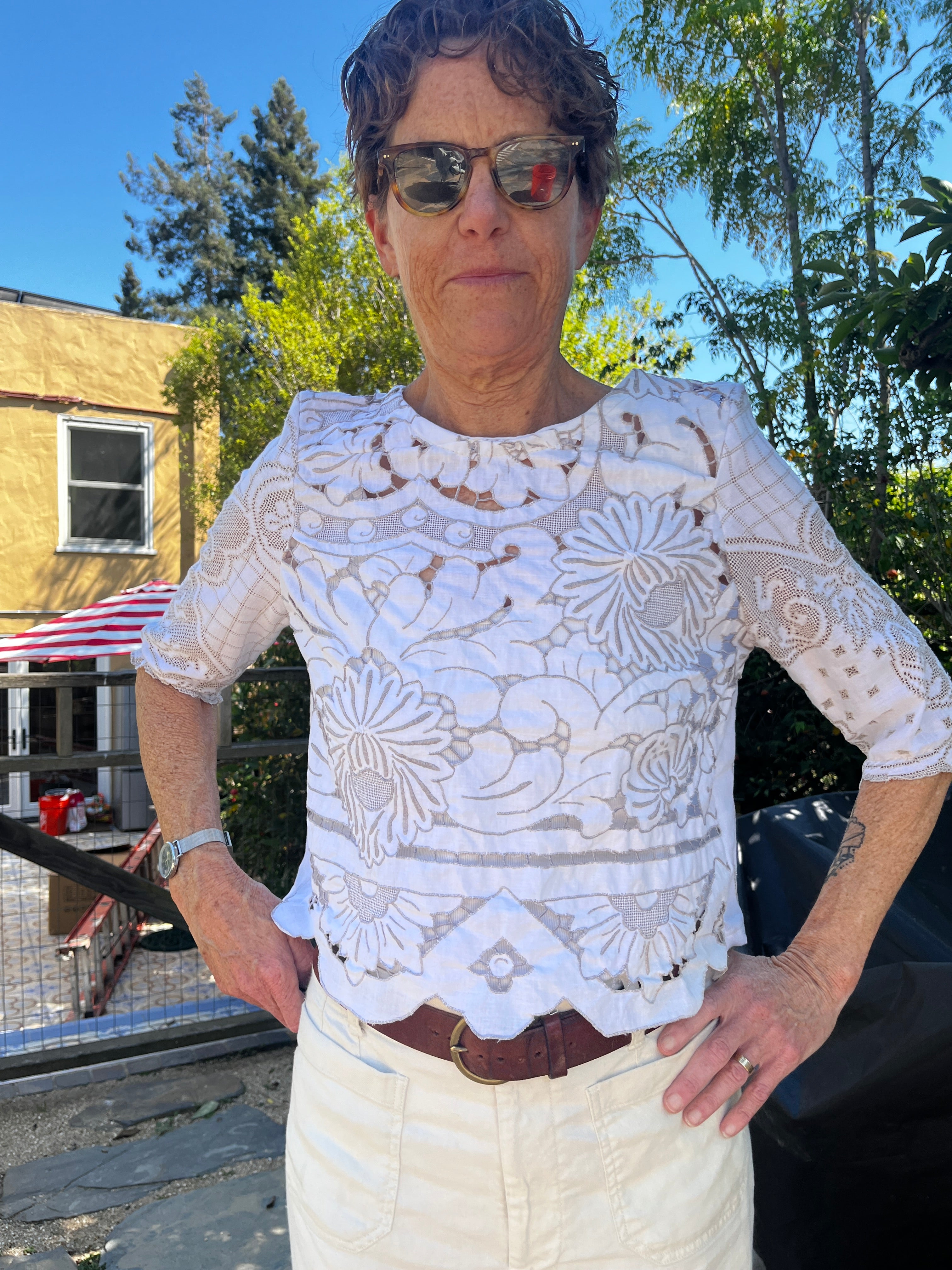Handmade Elbow-Length Embroidered Blouse — Upcycled Linen Tablecloths