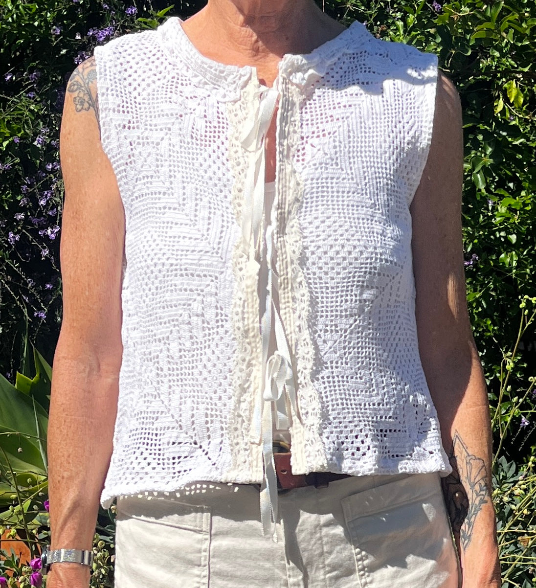 Handmade Sleeveless Crochet Top — Upcycled Cotton with Lace Trim & Ribbon Ties