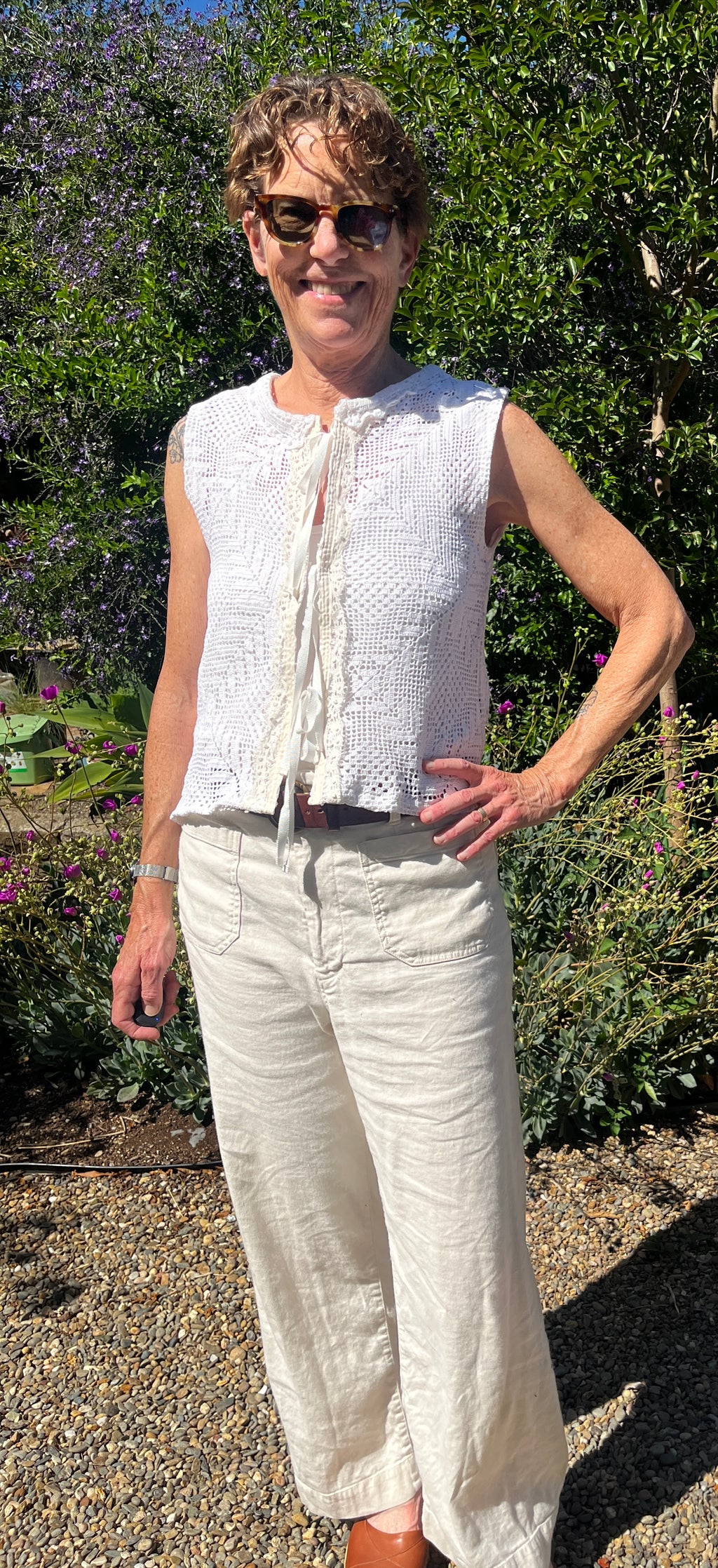 Handmade Sleeveless Crochet Top — Upcycled Cotton with Lace Trim & Ribbon Ties