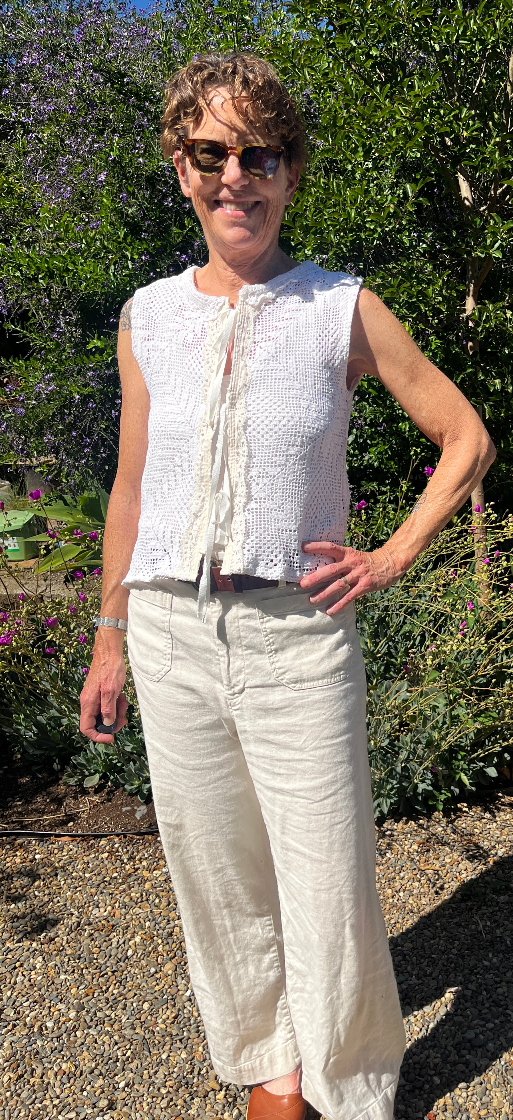Handmade Sleeveless Crochet Top — Upcycled Cotton with Lace Trim & Ribbon Ties