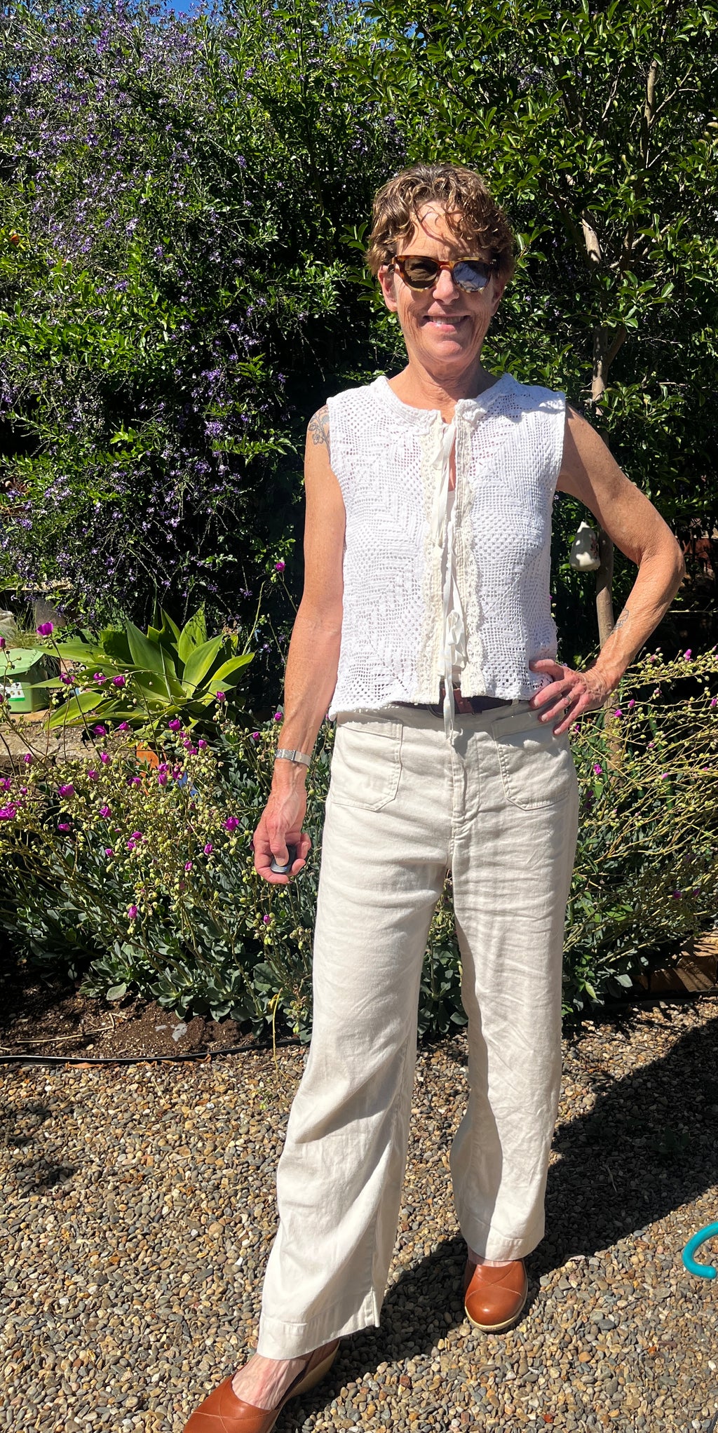Handmade Sleeveless Crochet Top — Upcycled Cotton with Lace Trim & Ribbon Ties