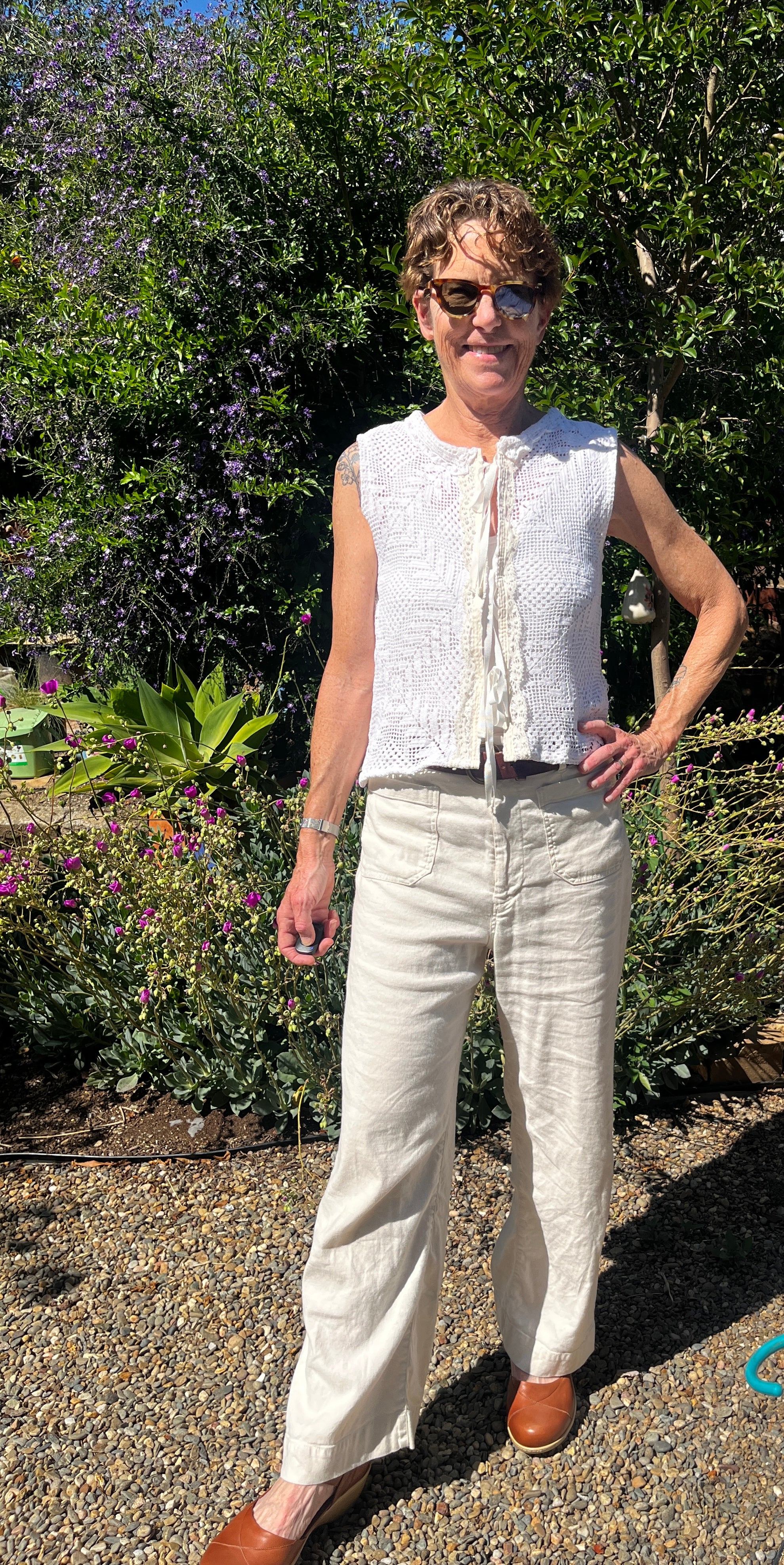 Handmade Sleeveless Crochet Top — Upcycled Cotton with Lace Trim & Ribbon Ties