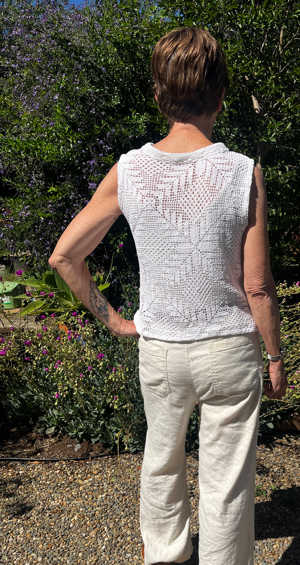 Handmade Sleeveless Crochet Top — Upcycled Cotton with Lace Trim & Ribbon Ties