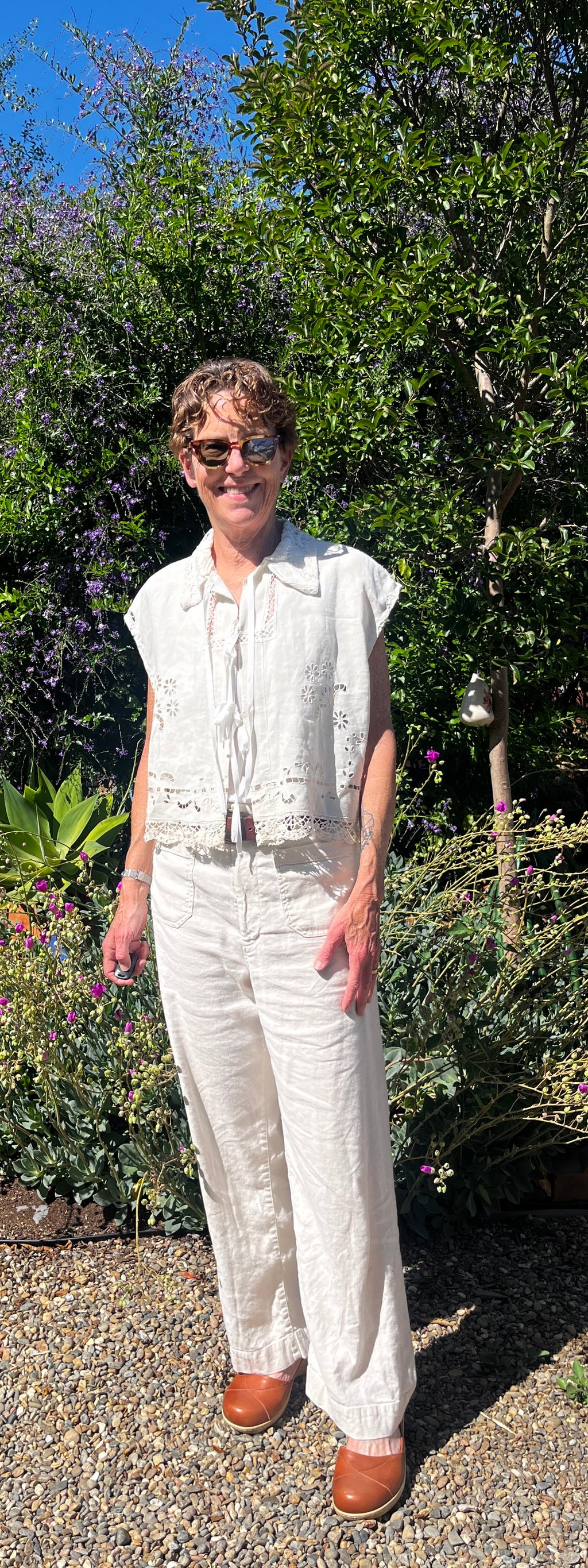Handmade Short Sleeve Linen Blouse — Embroidered Cutwork, Ribbon Tie Closure