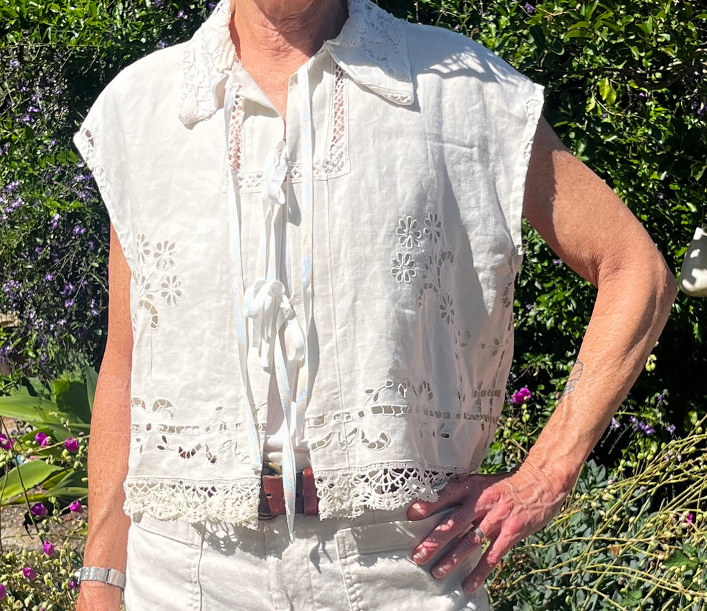 Handmade Short Sleeve Linen Blouse — Embroidered Cutwork, Ribbon Tie Closure