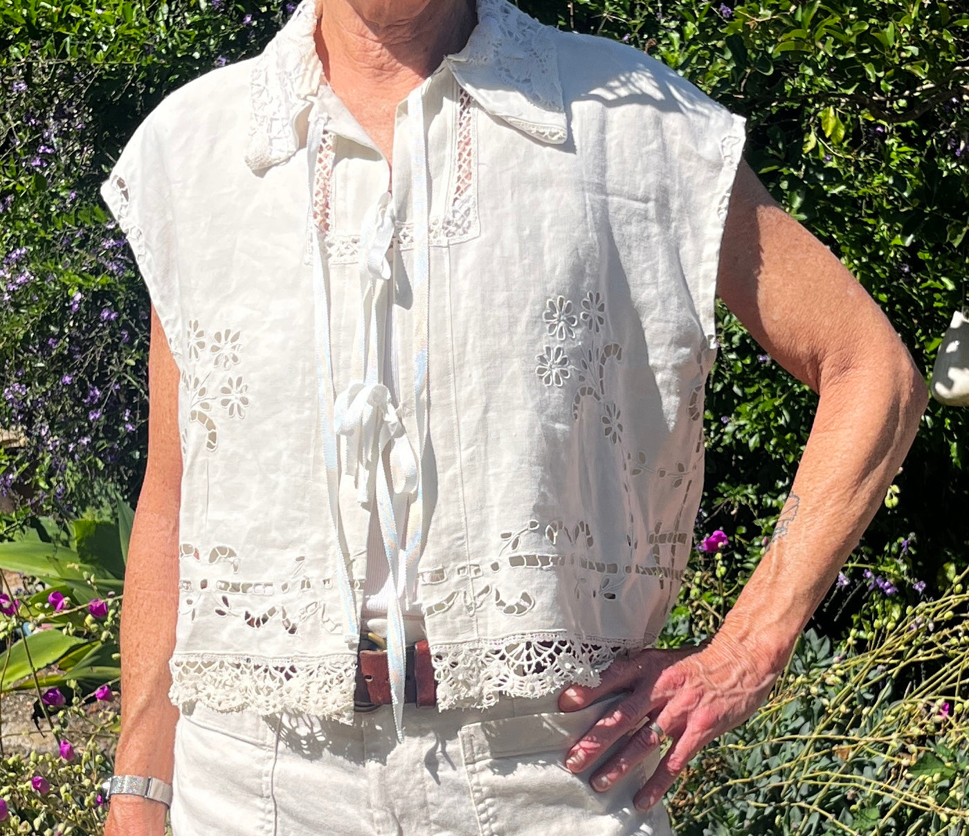 Handmade Short Sleeve Linen Blouse — Embroidered Cutwork, Ribbon Tie Closure