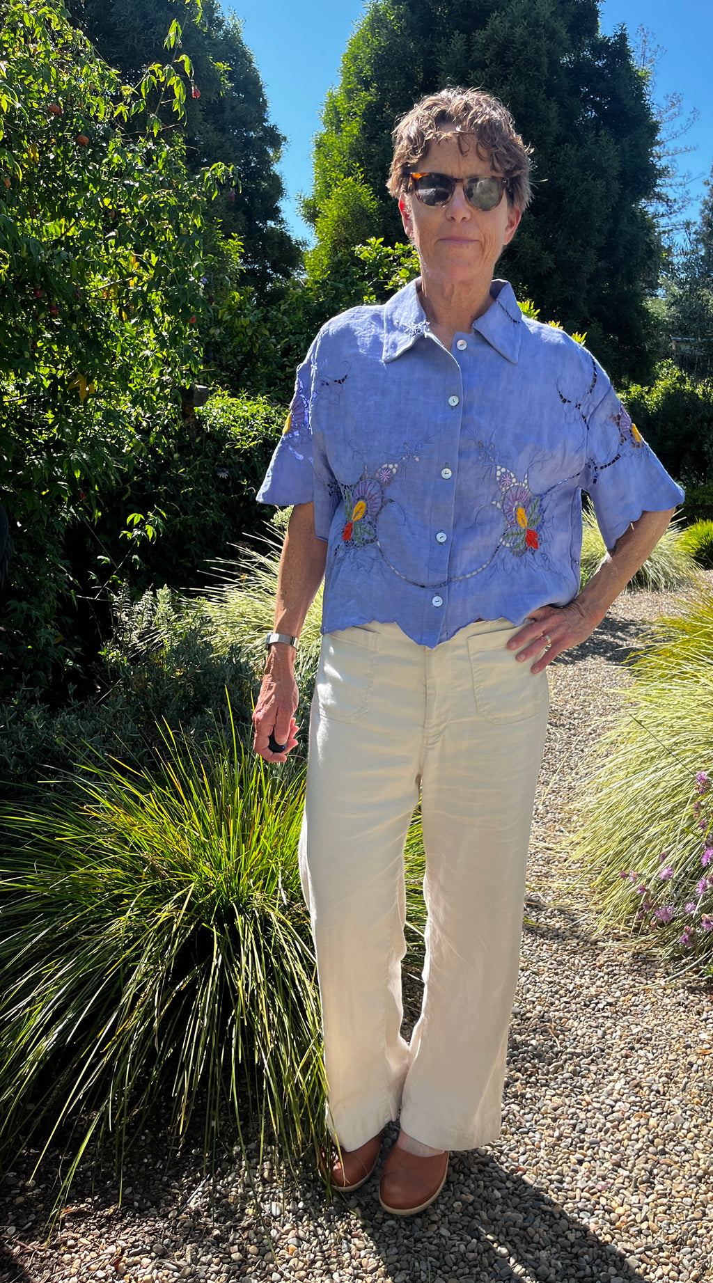 Short Sleeve Embroidered Blue Linen Shirt