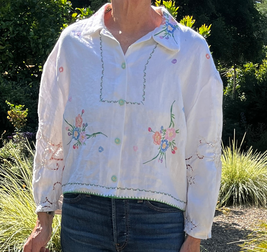 Handmade Floral Embroidered Blouse — Two-Sided Design, Bracelet Sleeves, Upcycled Vintage Linen