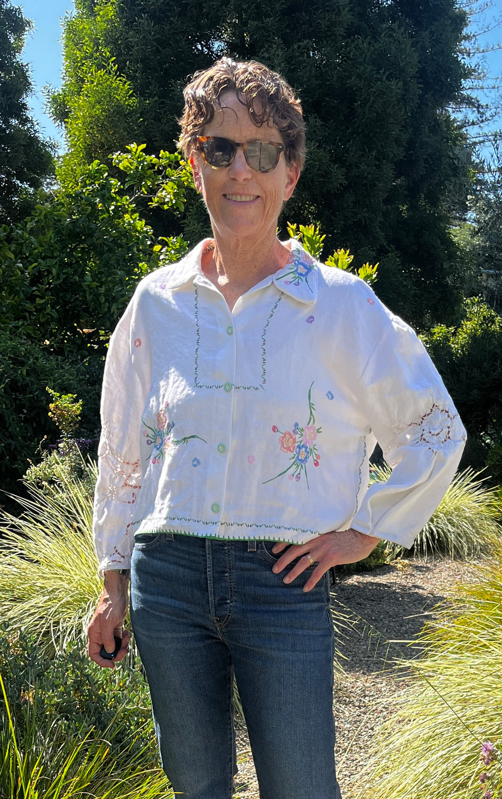 Handmade Floral Embroidered Blouse — Two-Sided Design, Bracelet Sleeves, Upcycled Vintage Linen
