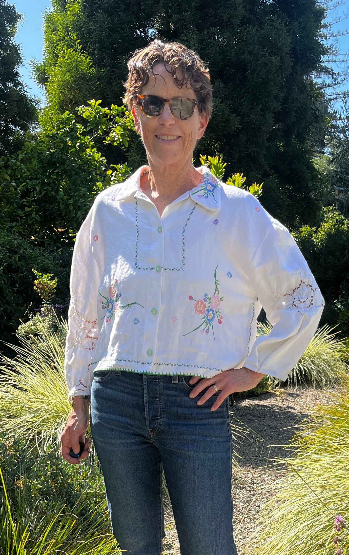 Handmade Floral Embroidered Blouse — Two-Sided Design, Bracelet Sleeves, Upcycled Vintage Linen