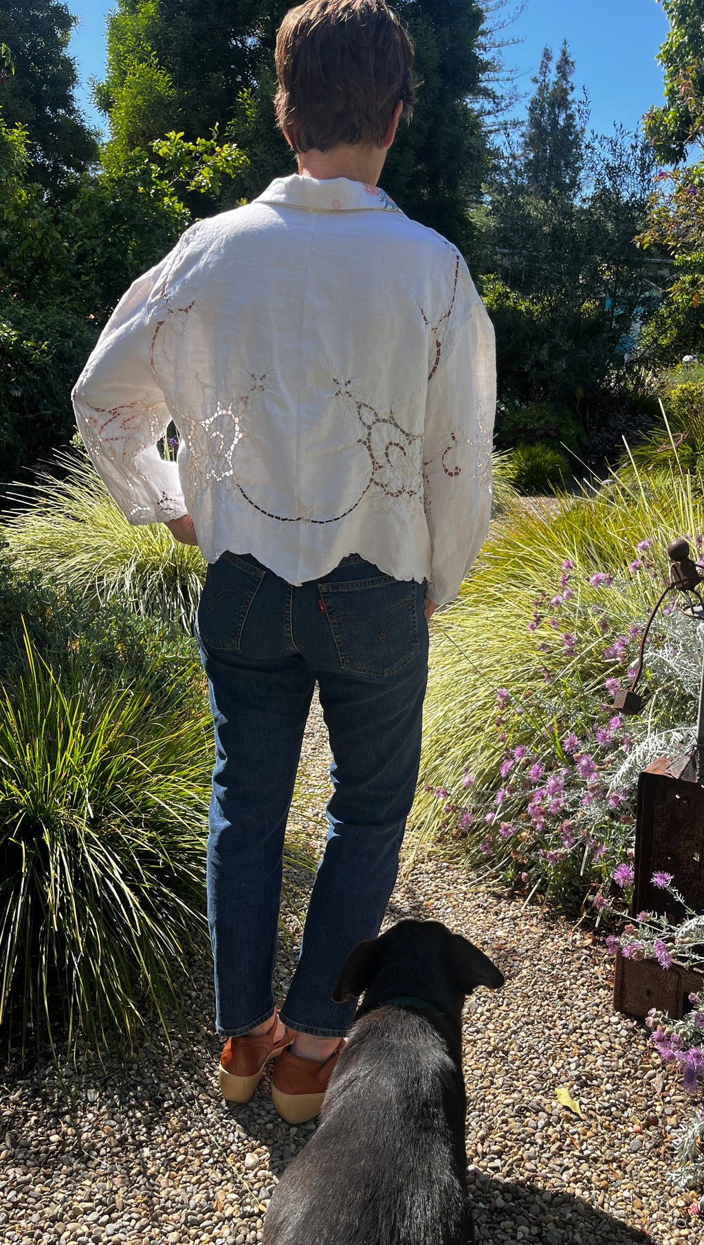 Handmade Floral Embroidered Blouse — Two-Sided Design, Bracelet Sleeves, Upcycled Vintage Linen