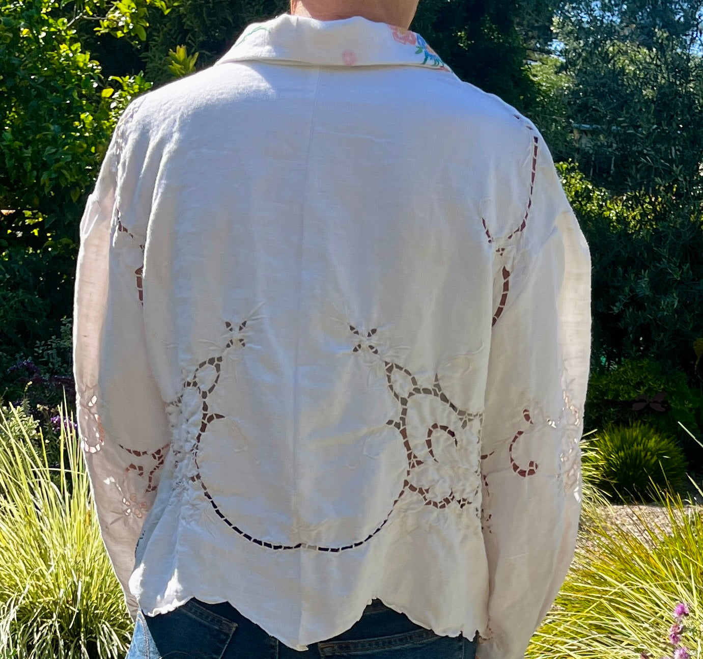 Handmade Floral Embroidered Blouse — Two-Sided Design, Bracelet Sleeves, Upcycled Vintage Linen