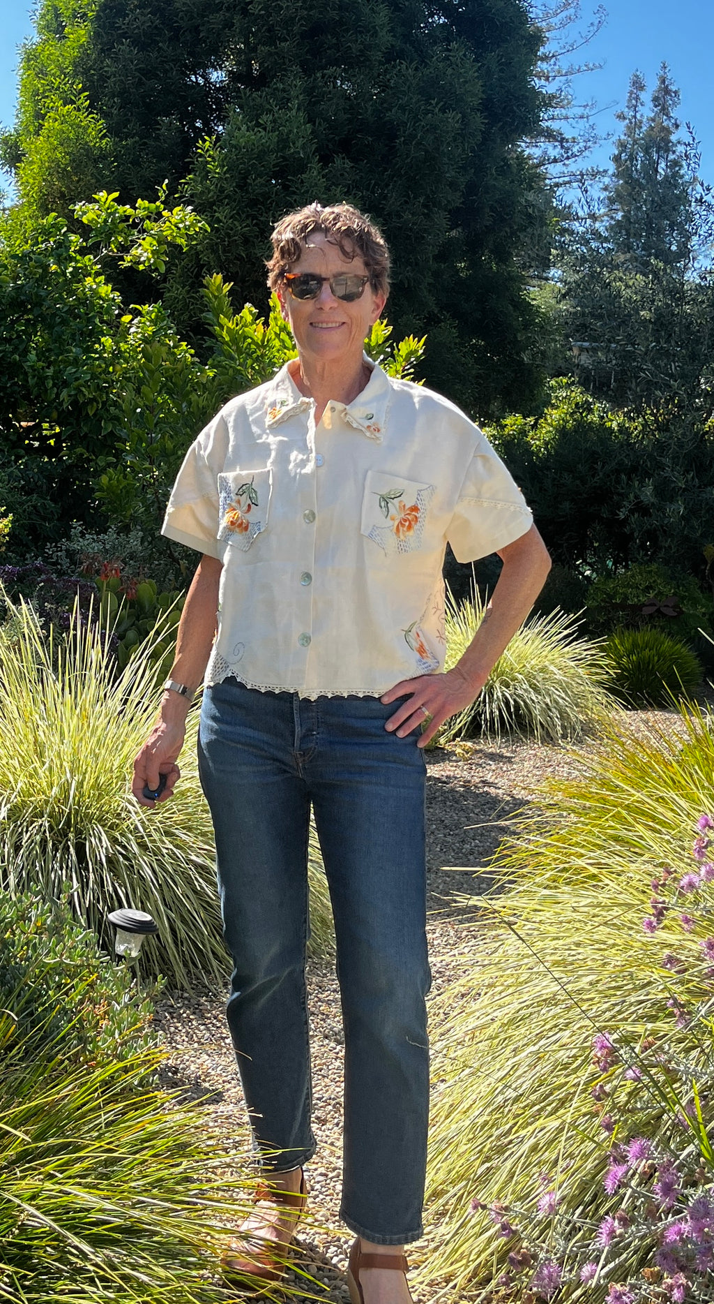 Handmade Short Sleeve Linen Blouse — Orange & Yellow Floral Embroidery, Button Down, Boxy Cut