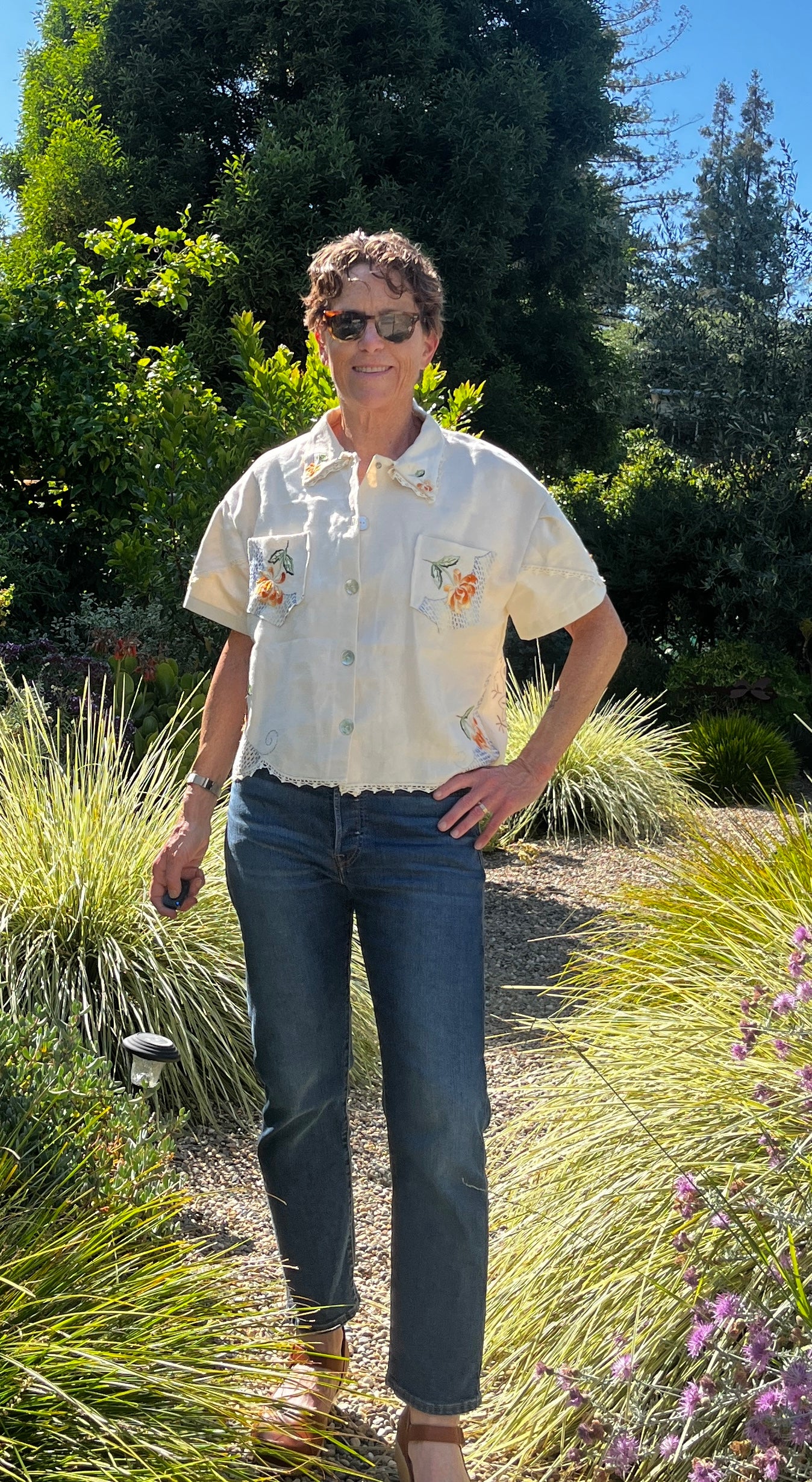 Handmade Short Sleeve Linen Blouse — Orange & Yellow Floral Embroidery, Button Down, Boxy Cut