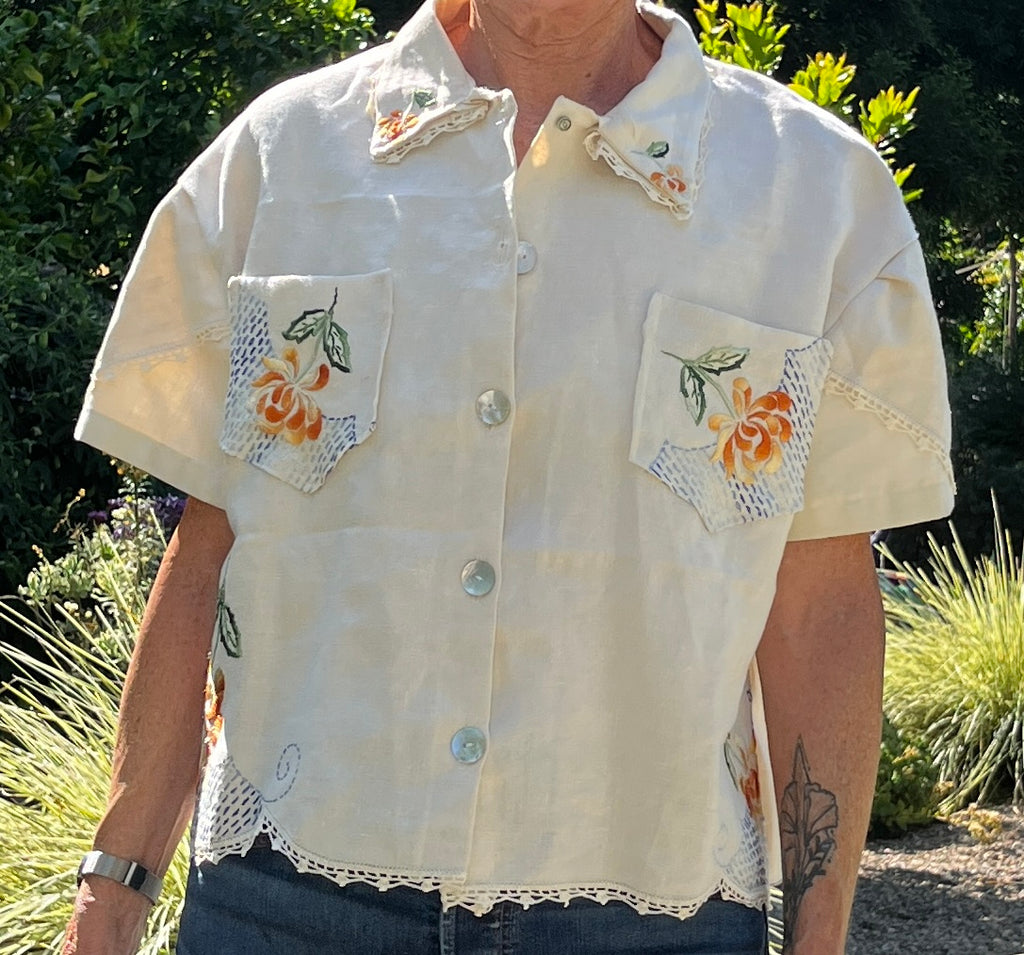 Handmade Short Sleeve Linen Blouse — Orange & Yellow Floral Embroidery, Button Down, Boxy Cut