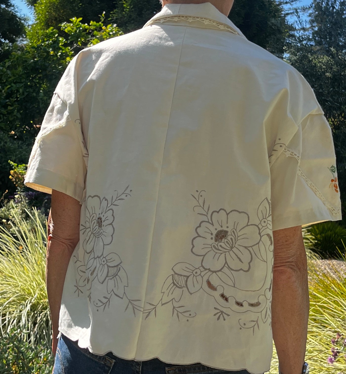 Handmade Short Sleeve Linen Blouse — Orange & Yellow Floral Embroidery, Button Down, Boxy Cut