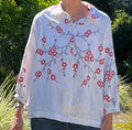 Handmade Floral Embroidered Linen Blouse — Red Flowers, 3/4 Sleeve, Button Down, Upcycled