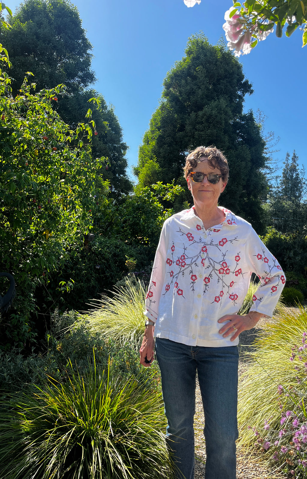 Handmade Floral Embroidered Linen Blouse — Red Flowers, 3/4 Sleeve, Button Down, Upcycled