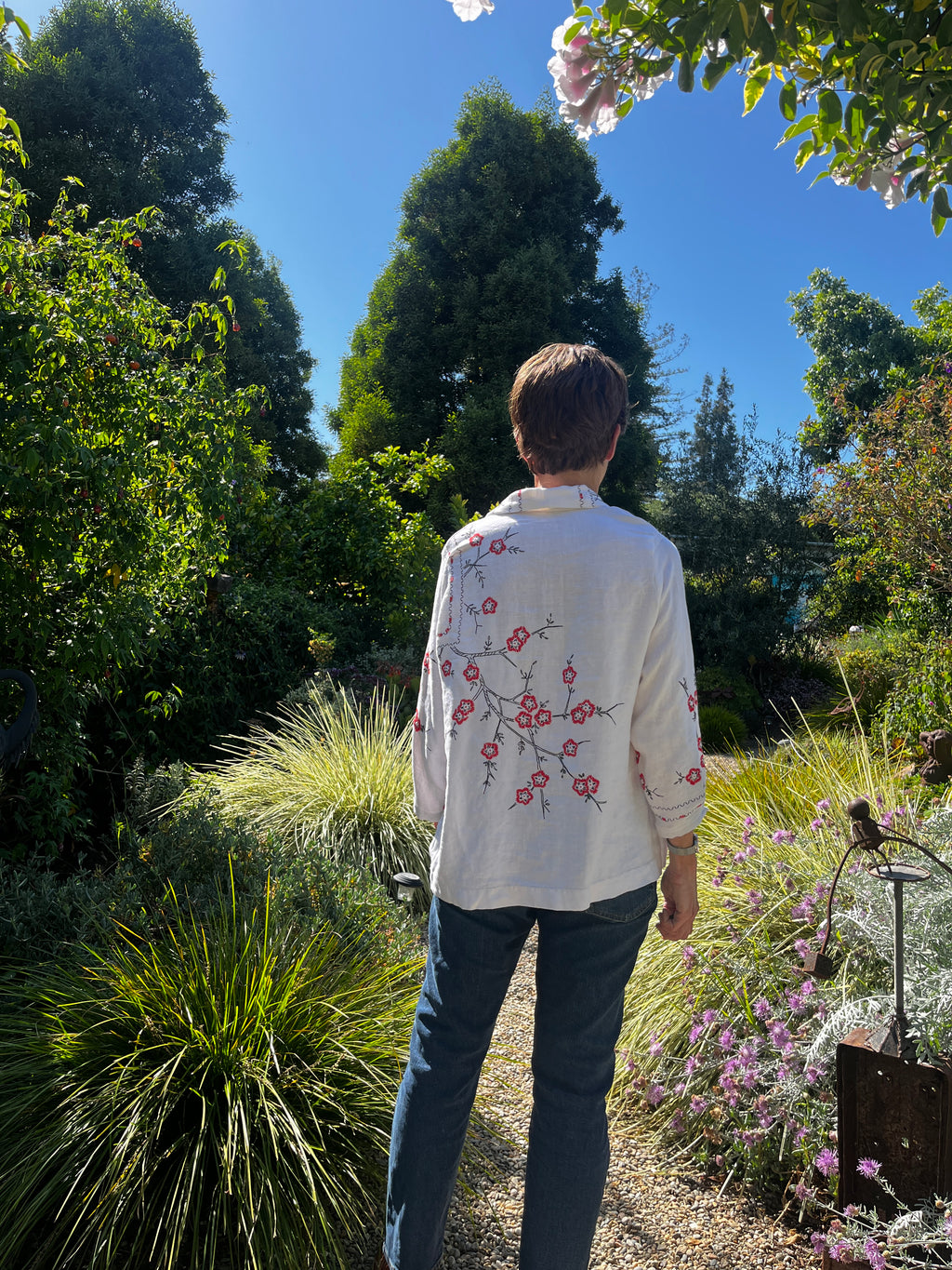 Handmade Floral Embroidered Linen Blouse — Red Flowers, 3/4 Sleeve, Button Down, Upcycled