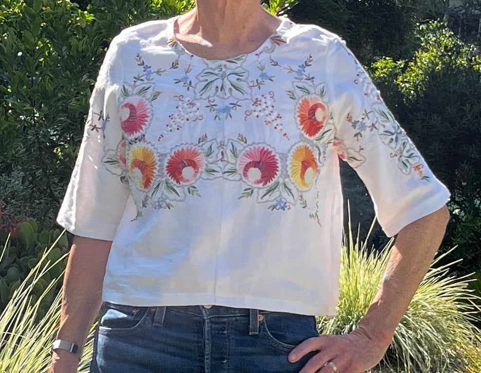 Handmade Elbow Sleeve Embroidered Linen Blouse