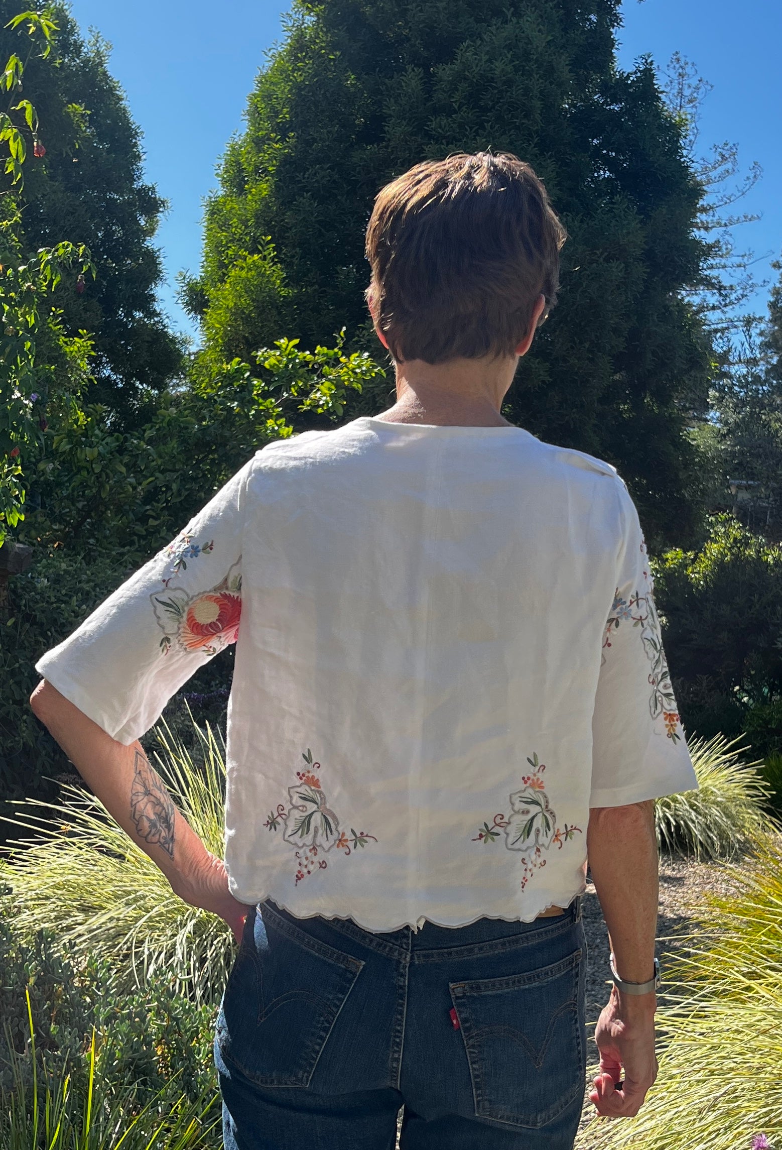 Handmade Elbow Sleeve Embroidered Linen Blouse