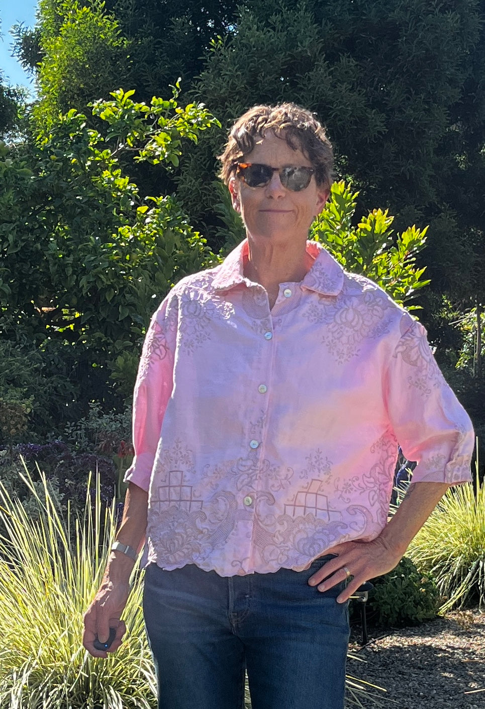 Handmade Pink Linen Blouse — Exquisite Embroidery, 3/4 Sleeve with Tuck Detail, Button Down