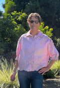 Handmade Pink Linen Blouse — Exquisite Embroidery, 3/4 Sleeve with Tuck Detail, Button Down