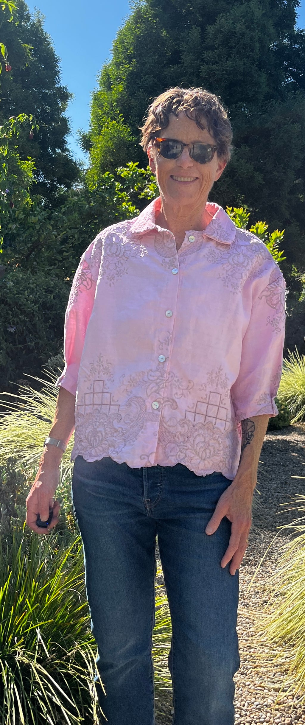 Handmade Pink Linen Blouse — Exquisite Embroidery, 3/4 Sleeve with Tuck Detail, Button Down