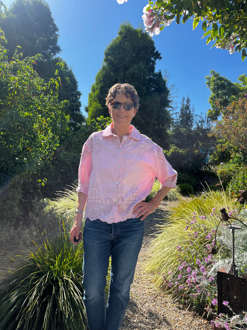Handmade Pink Linen Blouse — Exquisite Embroidery, 3/4 Sleeve with Tuck Detail, Button Down
