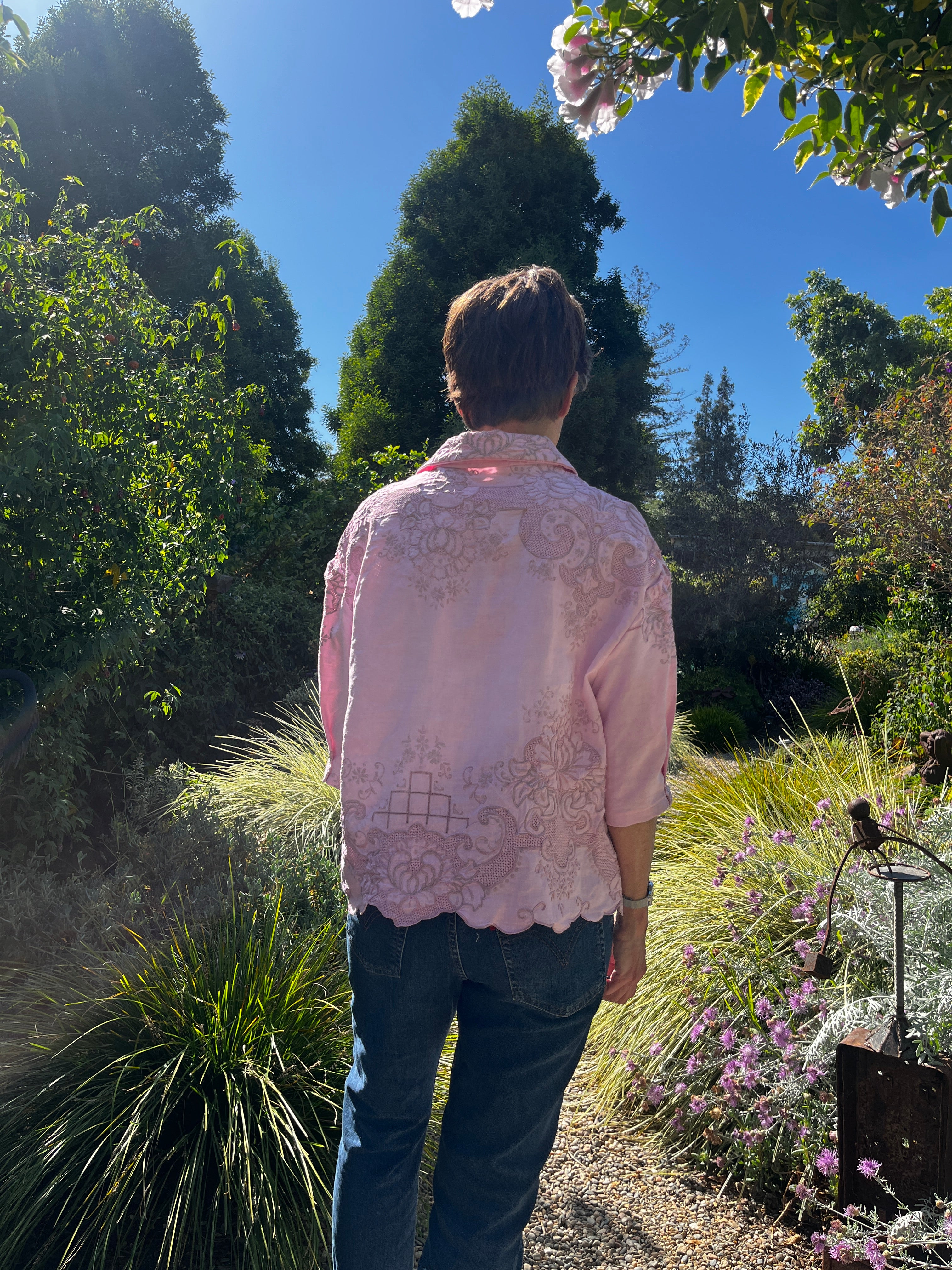 Handmade Pink Linen Blouse — Exquisite Embroidery, 3/4 Sleeve with Tuck Detail, Button Down