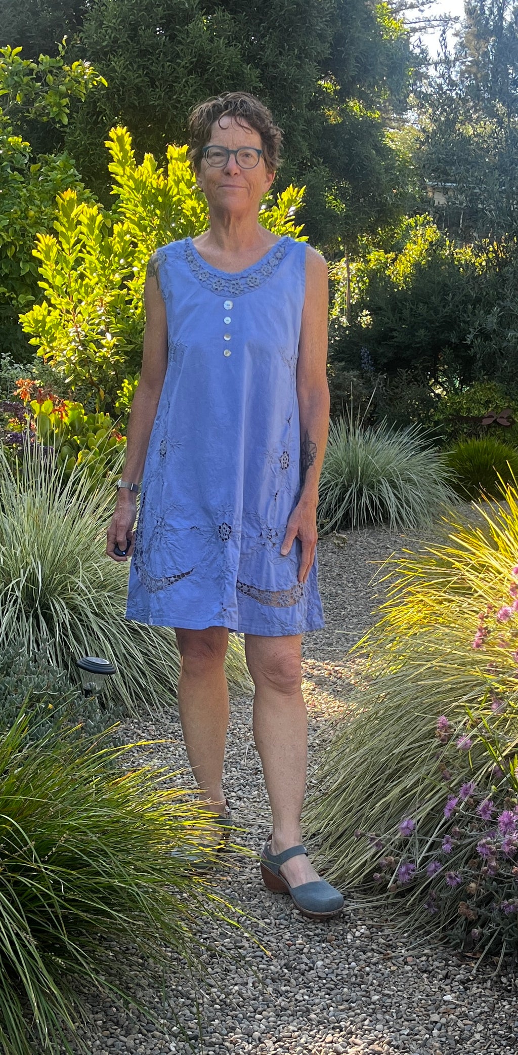 Handmade Sleeveless Blue Embroidered A-Line Dress — Floral Crescent Cutwork, Upcycled Vintage