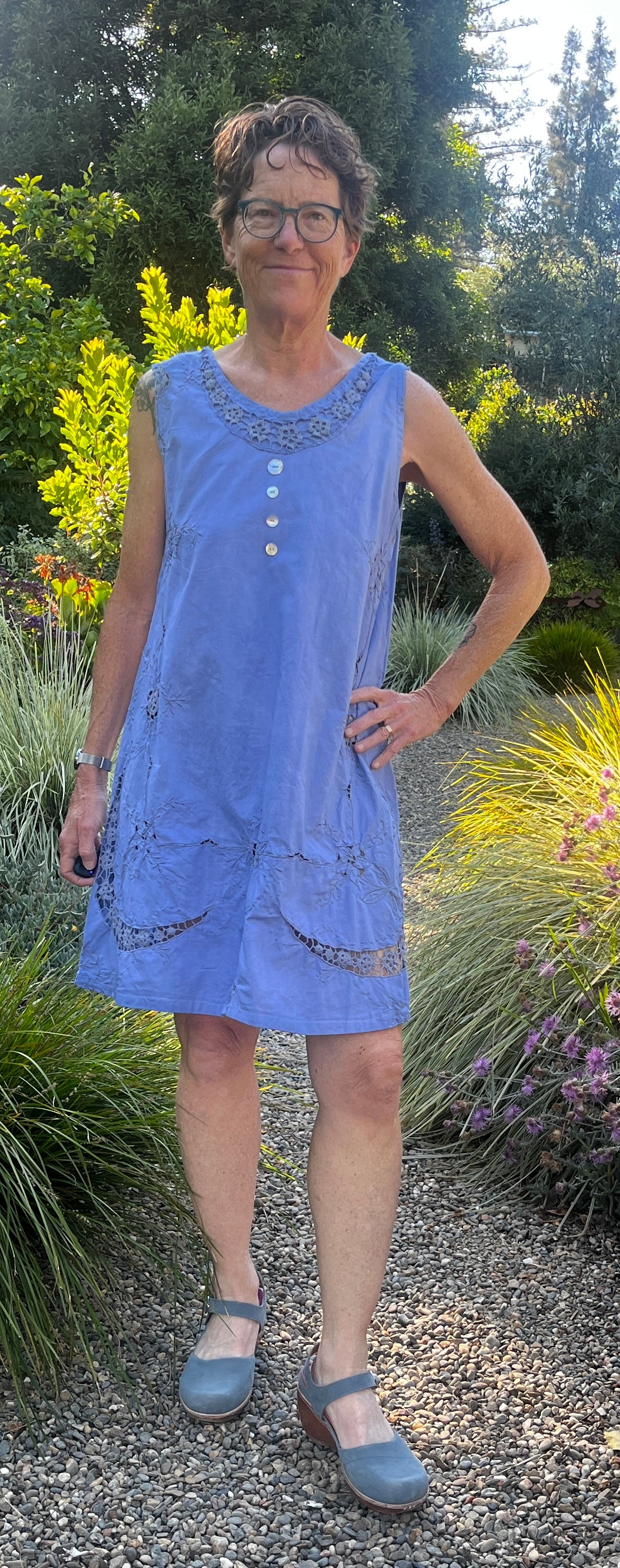 Handmade Sleeveless Blue Embroidered A-Line Dress — Floral Crescent Cutwork, Upcycled Vintage