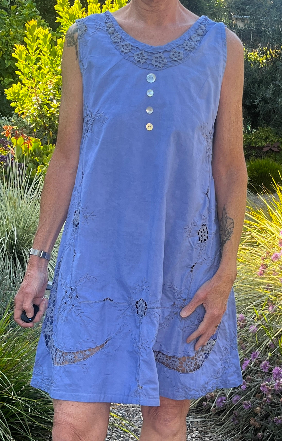Handmade Sleeveless Blue Embroidered A-Line Dress — Floral Crescent Cutwork, Upcycled Vintage